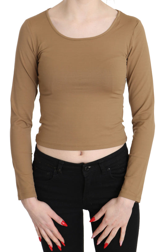 GF Ferre Brown Round Neck Long Sleeve Slim Crop Top Blouse GF Ferre