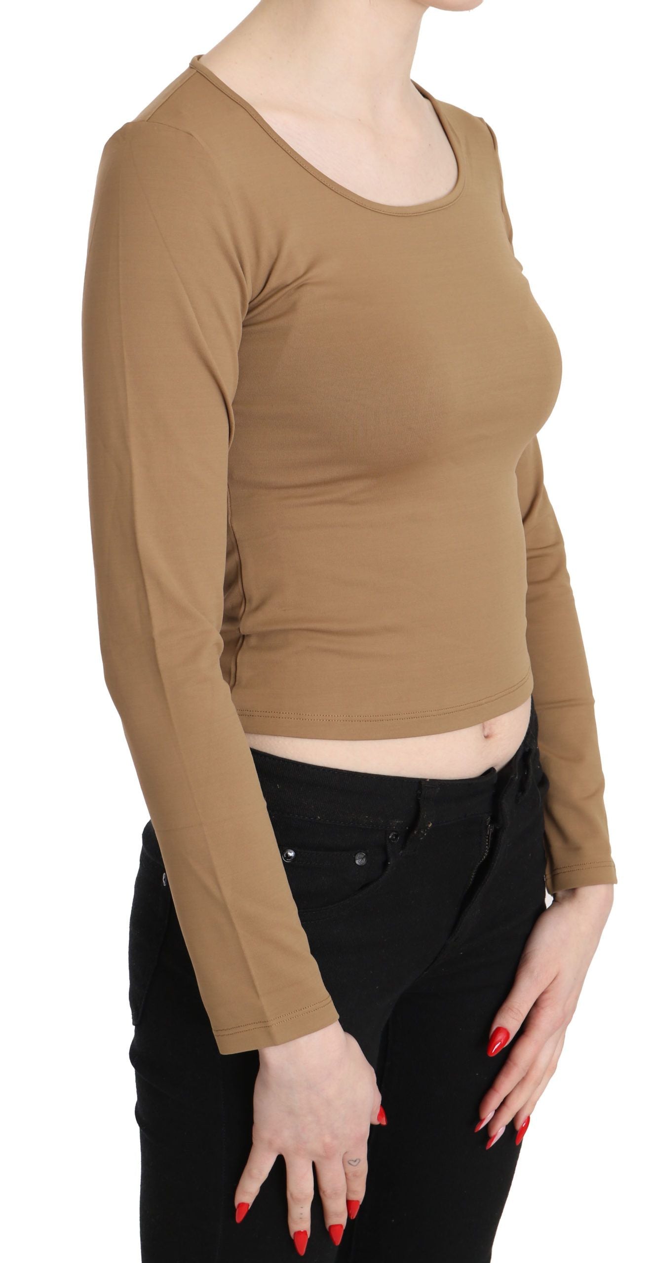 GF Ferre Brown Round Neck Long Sleeve Slim Crop Top Blouse GF Ferre