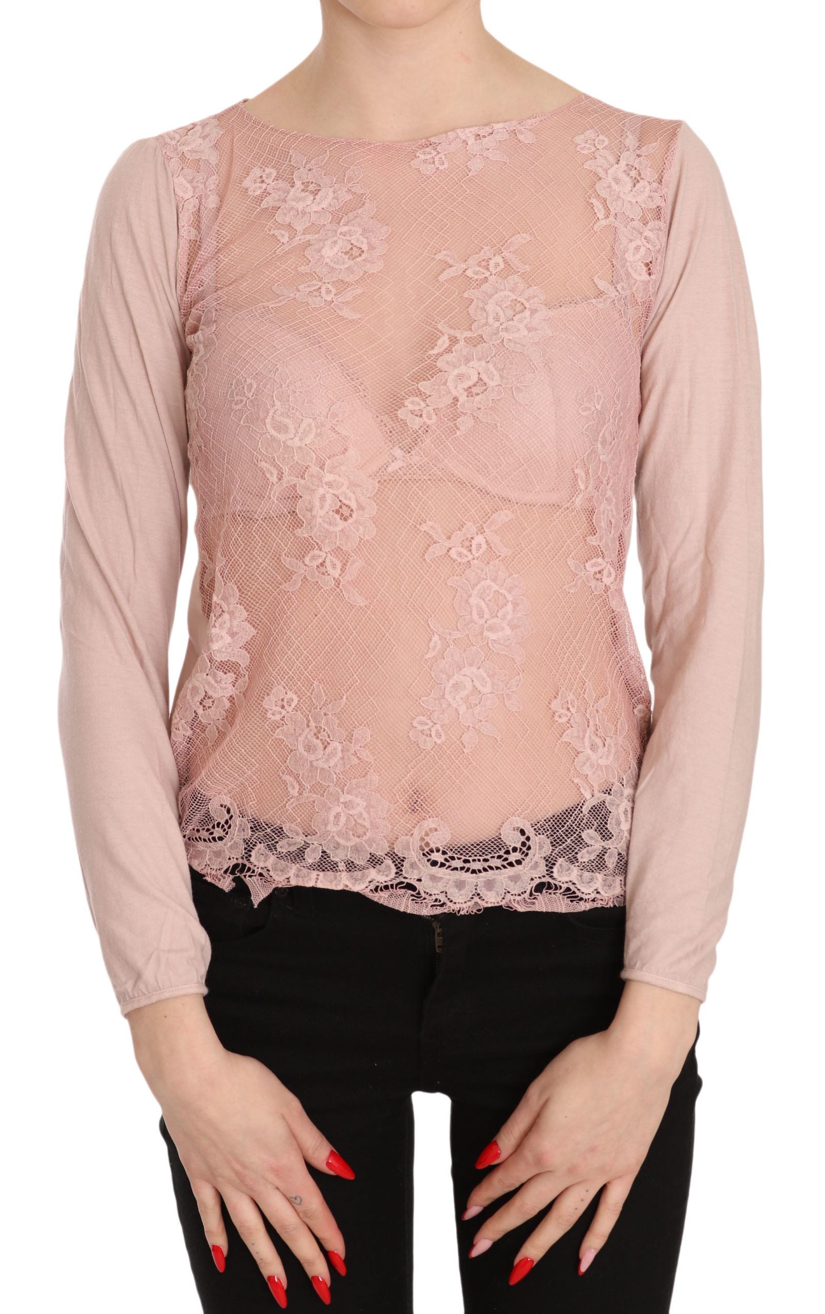 PINK MEMORIES Pink Lace See Through Long Sleeve Top Blouse PINK MEMORIES