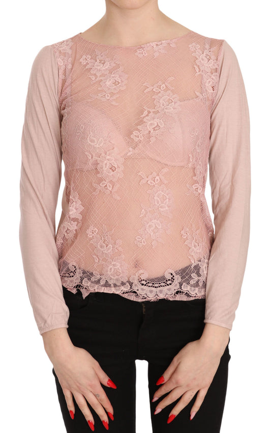PINK MEMORIES Pink Lace See Through Long Sleeve Top Blouse PINK MEMORIES