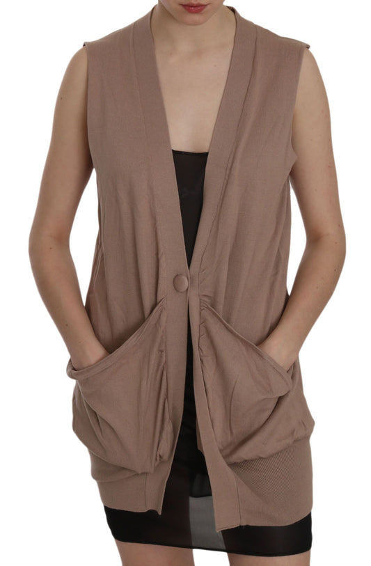 PINK MEMORIES Brown 100% Cotton Sleeveless Cardigan Top Vest PINK MEMORIES