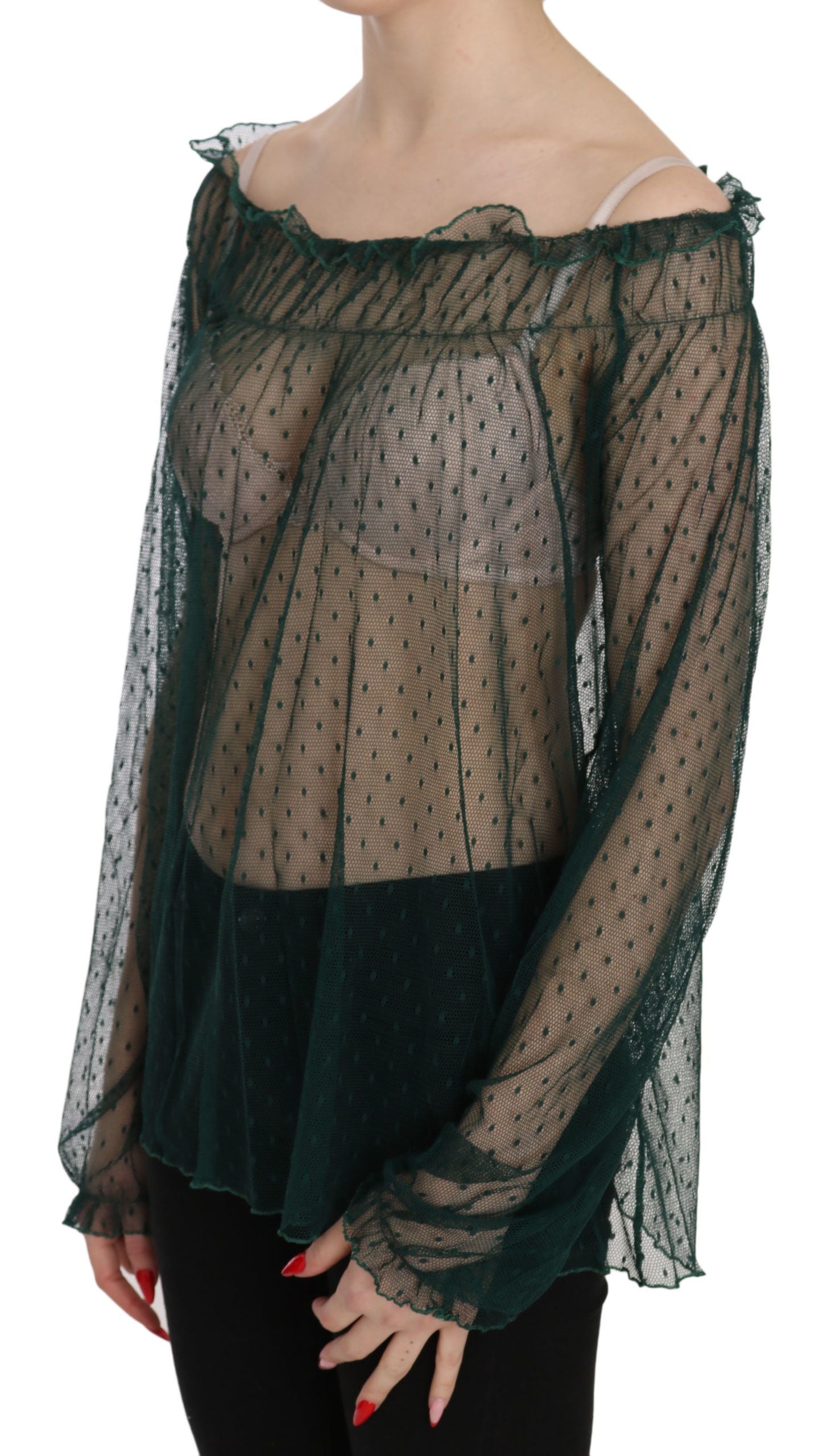 PINK MEMORIES Green Mesh See Through Long Sleeve Top Blouse PINK MEMORIES