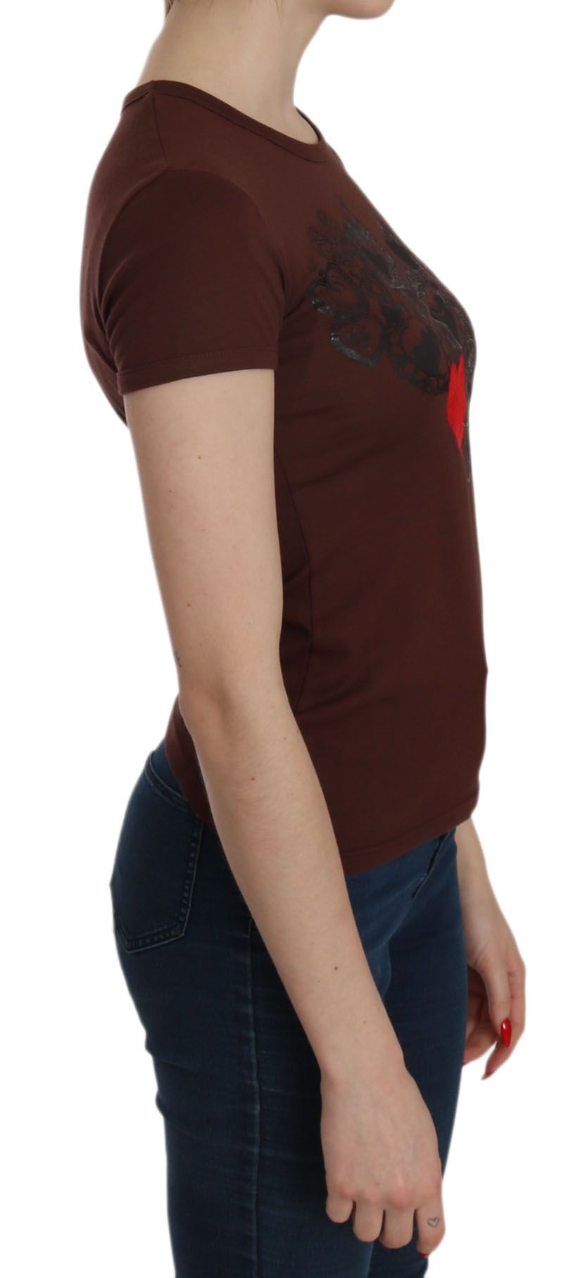 Exte Brown Heart Print Crew Neck T-shirt Short Sleeve Blouse Exte