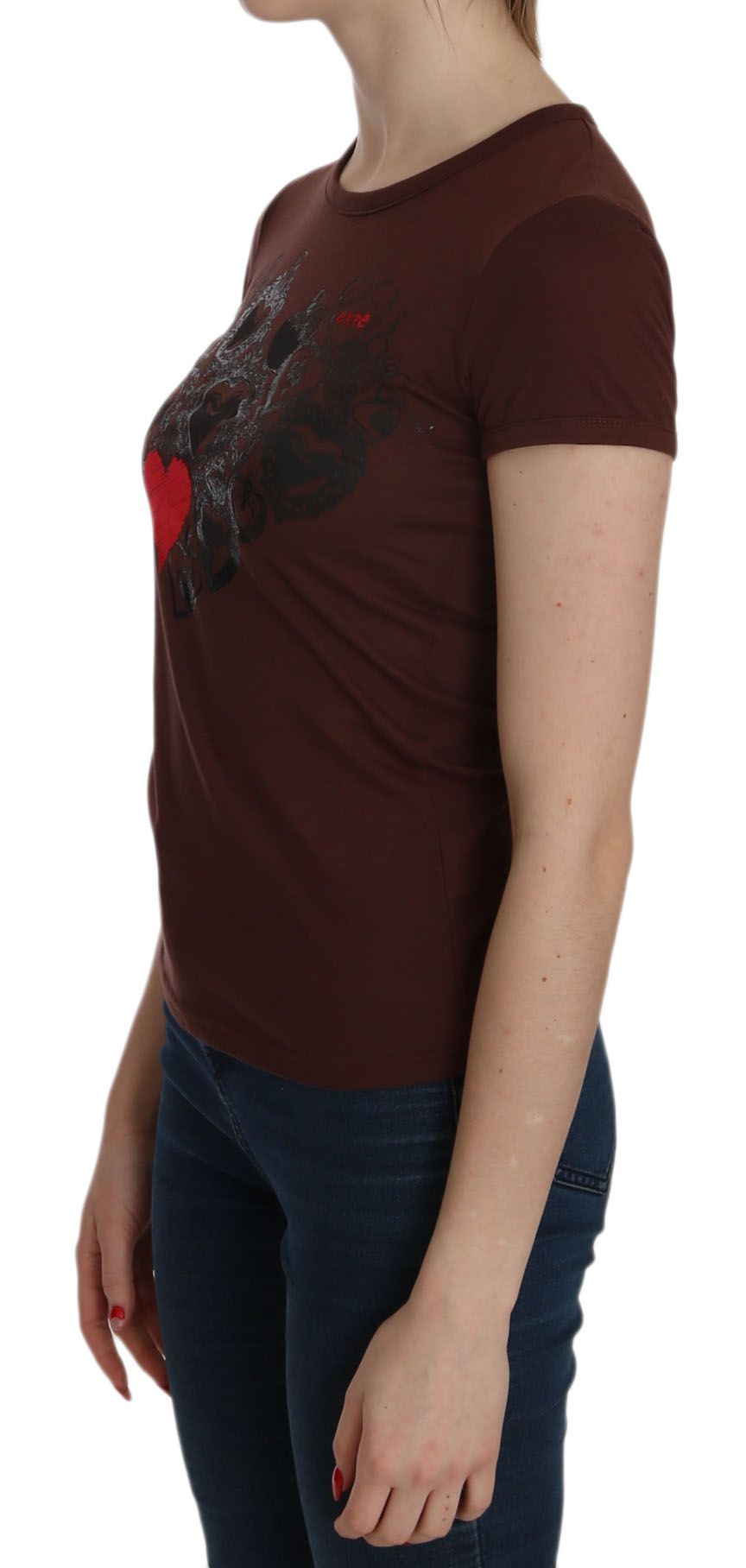 Exte Brown Heart Print Crew Neck T-shirt Short Sleeve Blouse Exte