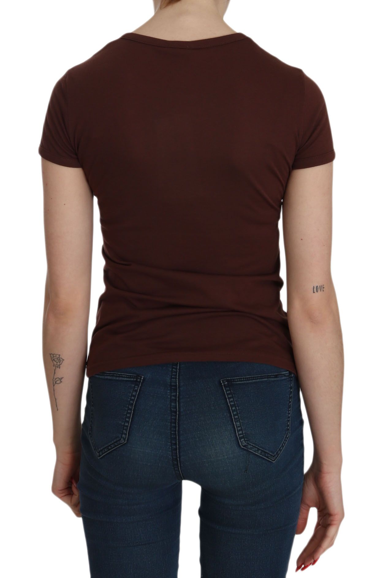 Exte Brown Heart Print Crew Neck T-shirt Short Sleeve Blouse Exte