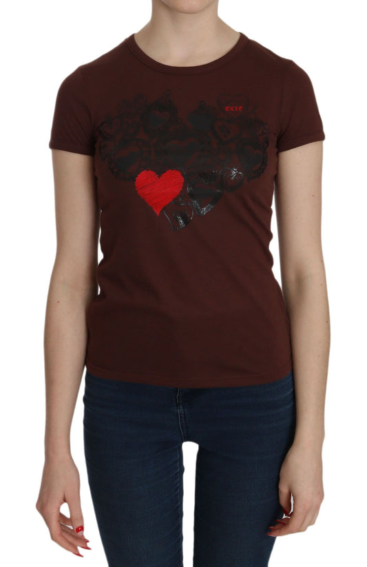 Exte Brown Heart Print Crew Neck T-shirt Short Sleeve Blouse Exte