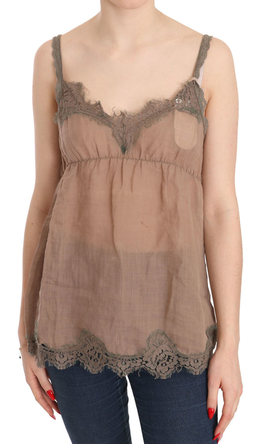 PINK MEMORIES Brown Lace Spaghetti Strap Plunging Top Blouse PINK MEMORIES