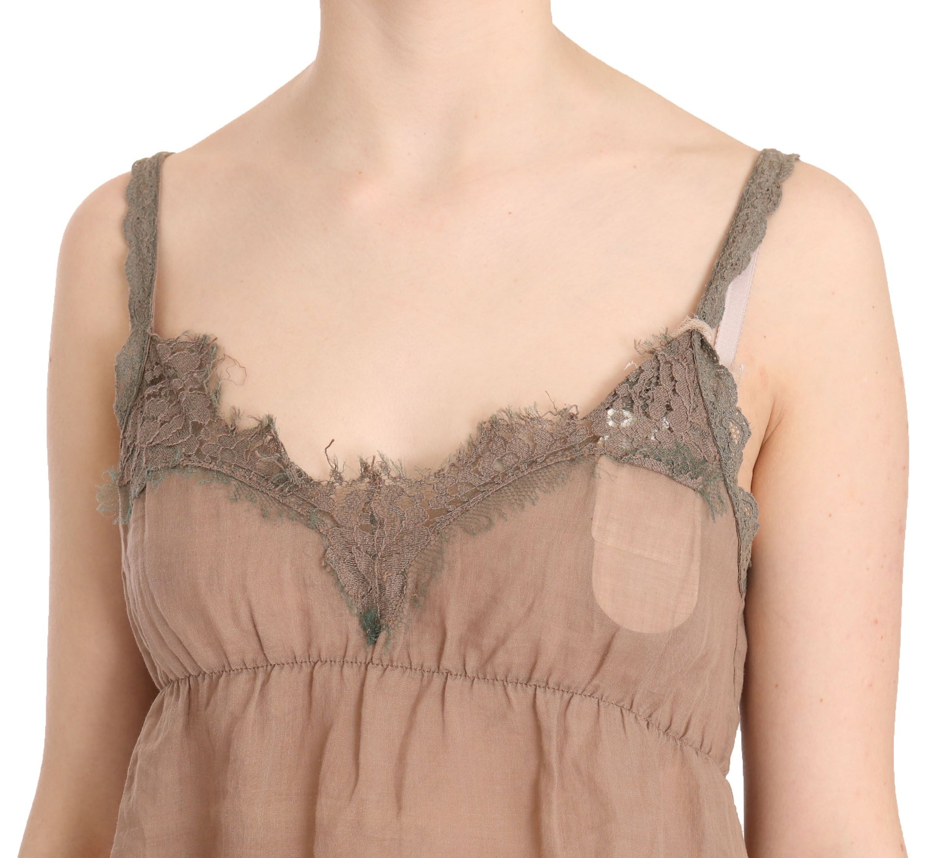 PINK MEMORIES Brown Lace Spaghetti Strap Plunging Top Blouse PINK MEMORIES