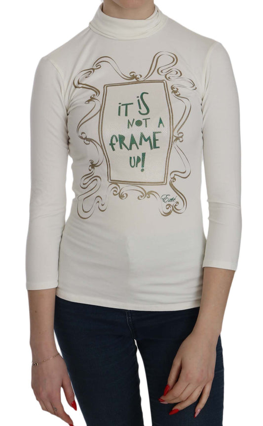 Exte White Printed Turtle Neck 3/4 Sleeve Top Cotton Blouse Exte