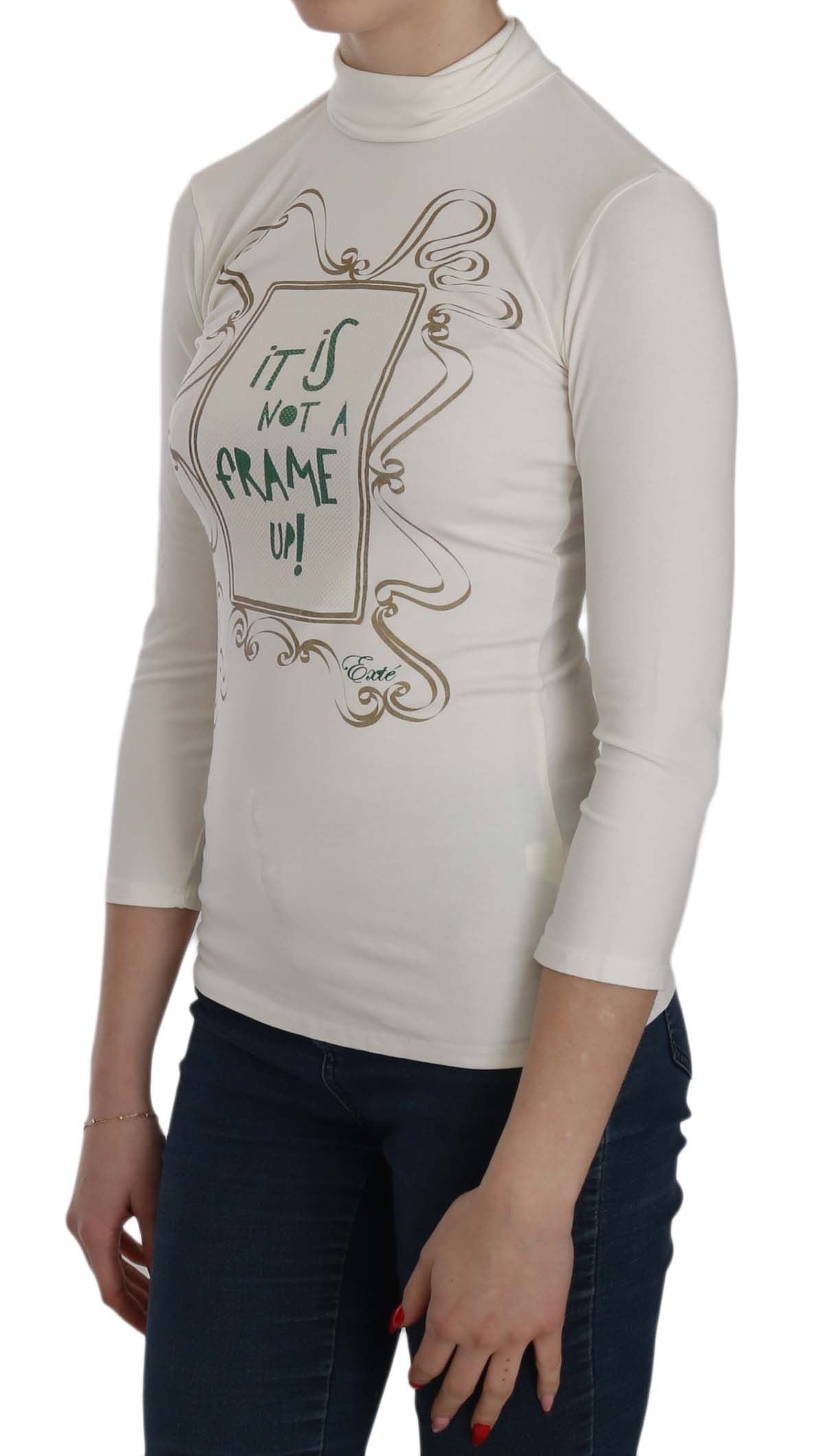 Exte White Printed Turtle Neck 3/4 Sleeve Top Cotton Blouse Exte