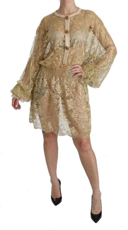 Dolce & Gabbana Gold Lace See Through A-Line Knee Length Dress Dolce & Gabbana