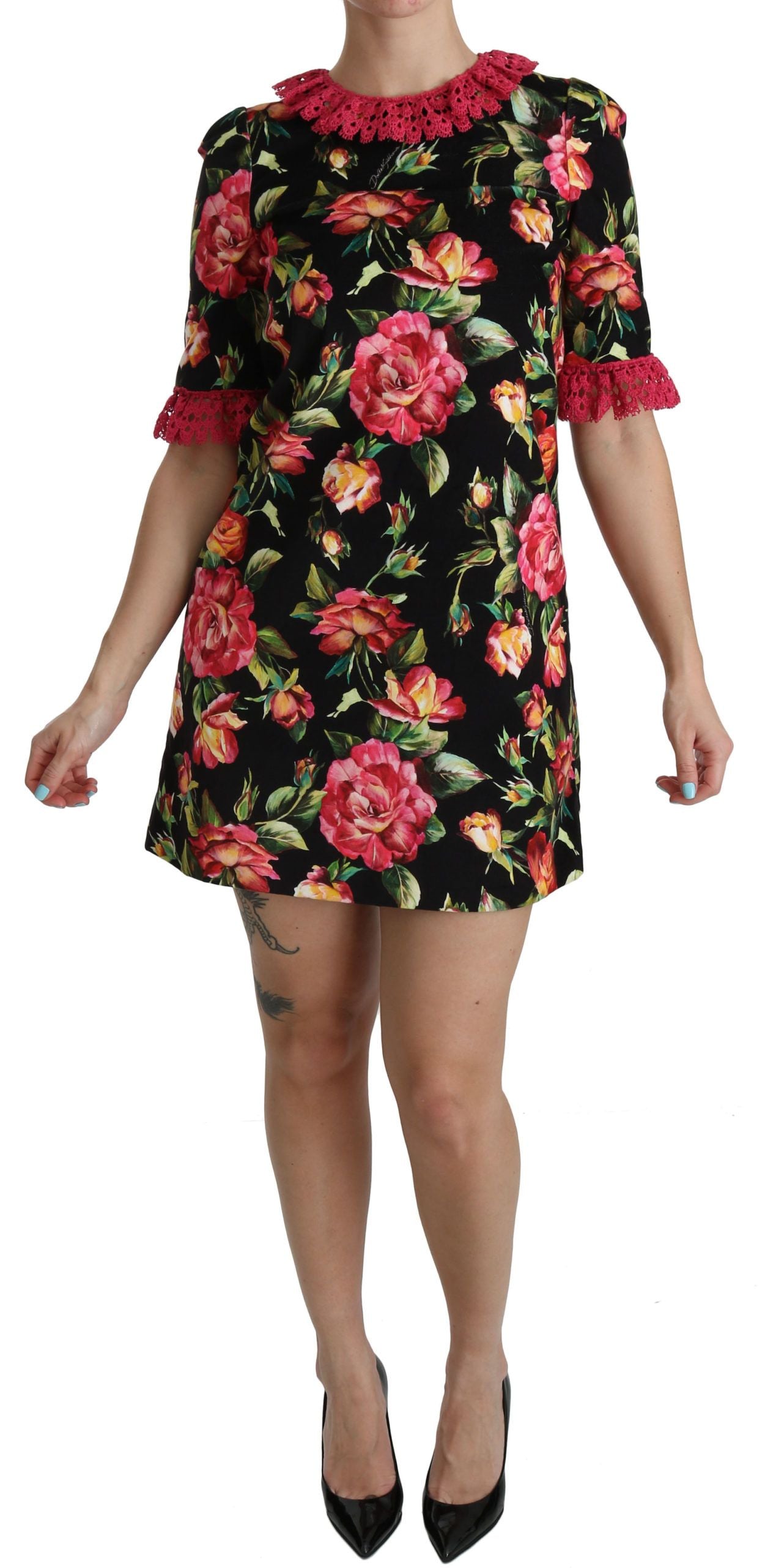 Dolce & Gabbana Floral Pink Lace A-Line Shift Mini Dress Dolce & Gabbana