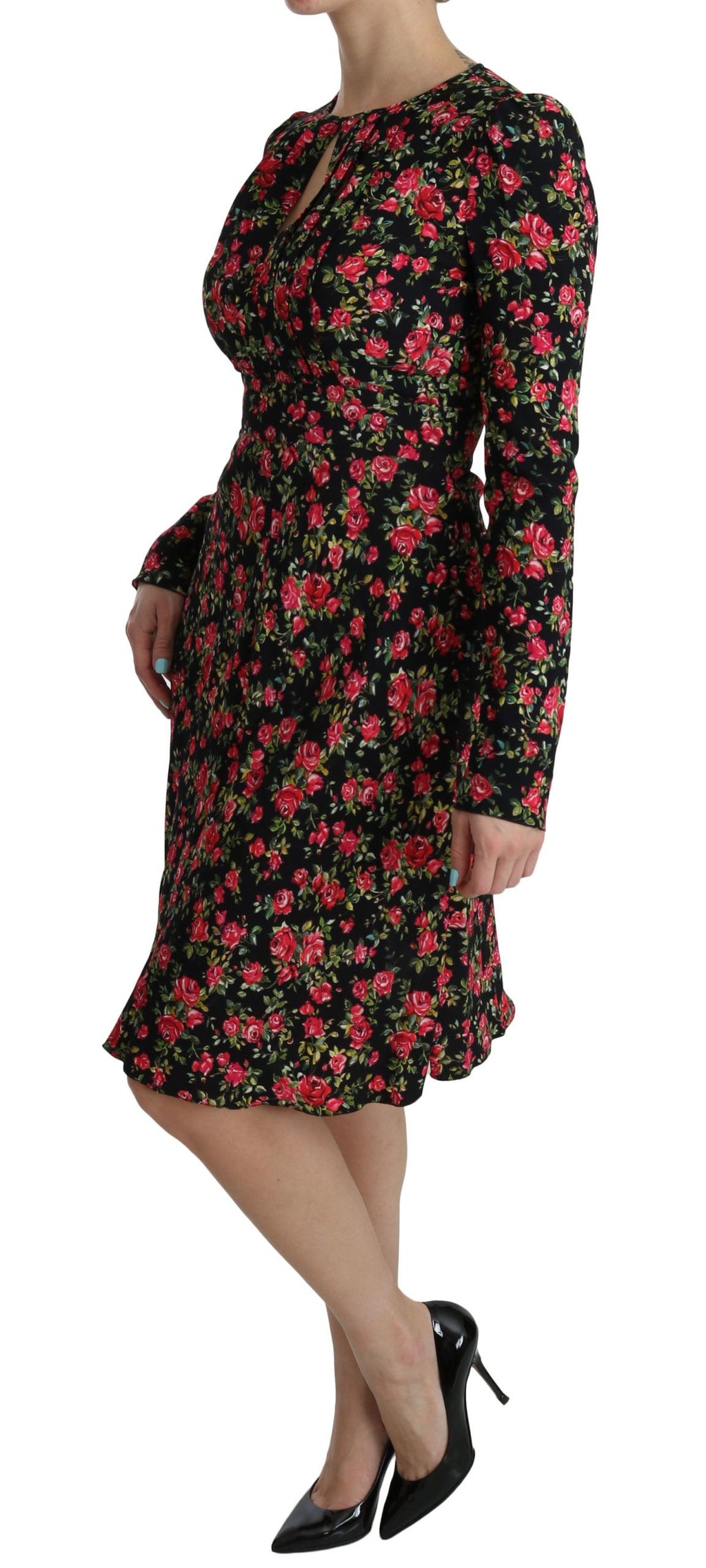 Dolce & Gabbana black floral long-sleeve knee-length dress with elegant design and fitted silhouette.