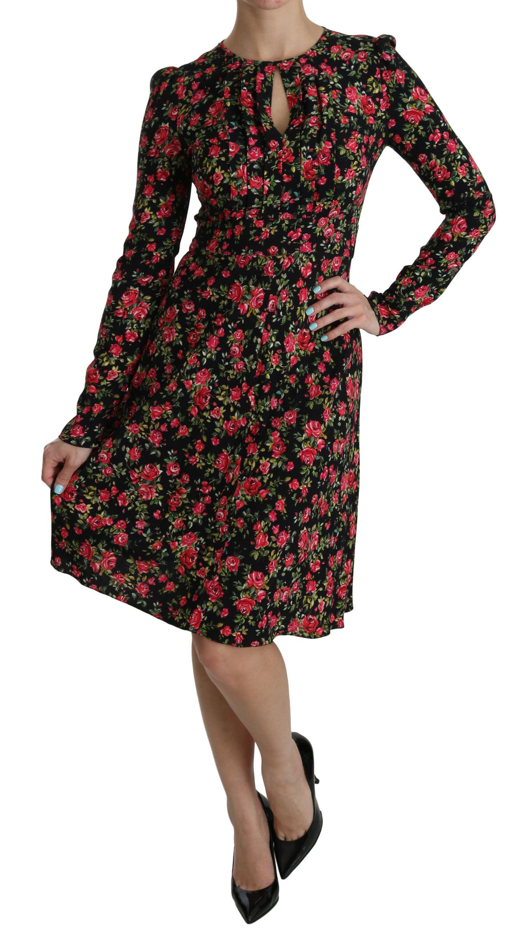 Black floral long-sleeve knee-length dress by Dolce & Gabbana with elegant design and fitted silhouette.