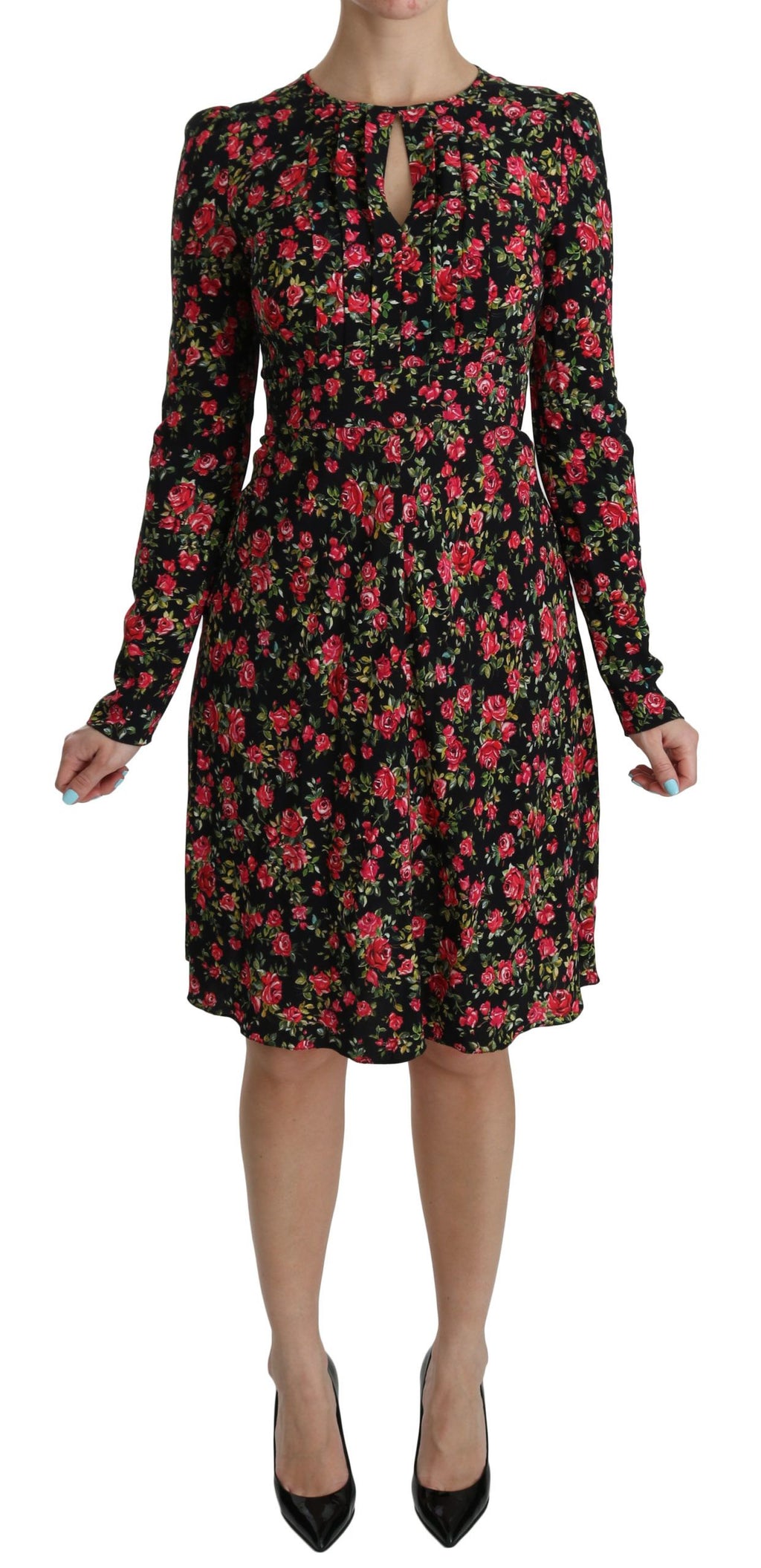 Black floral long-sleeve knee-length dress by Dolce & Gabbana, featuring elegant design and intricate floral patterns.