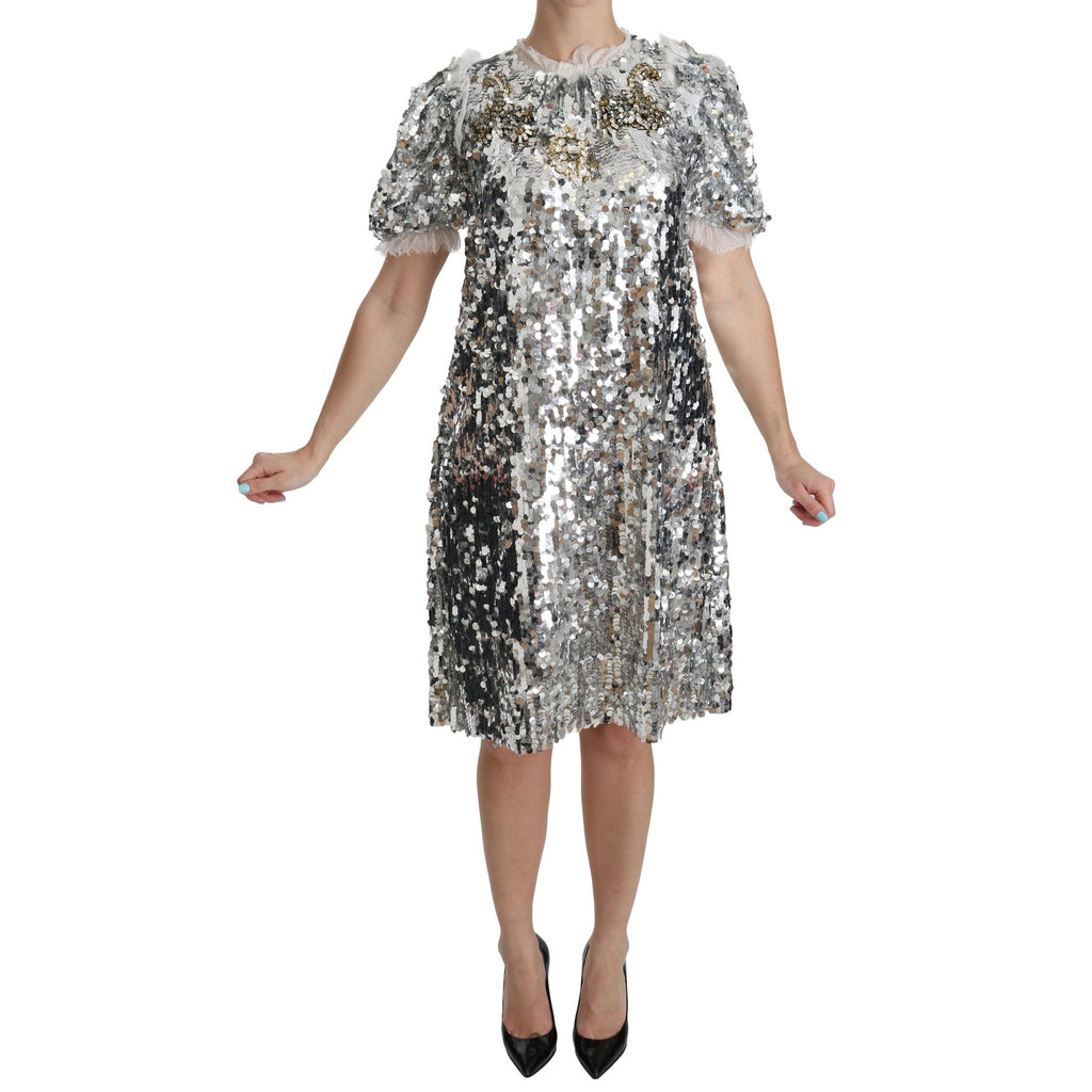 Dolce & Gabbana Silver Sequined Crystal Shift Gown Dress