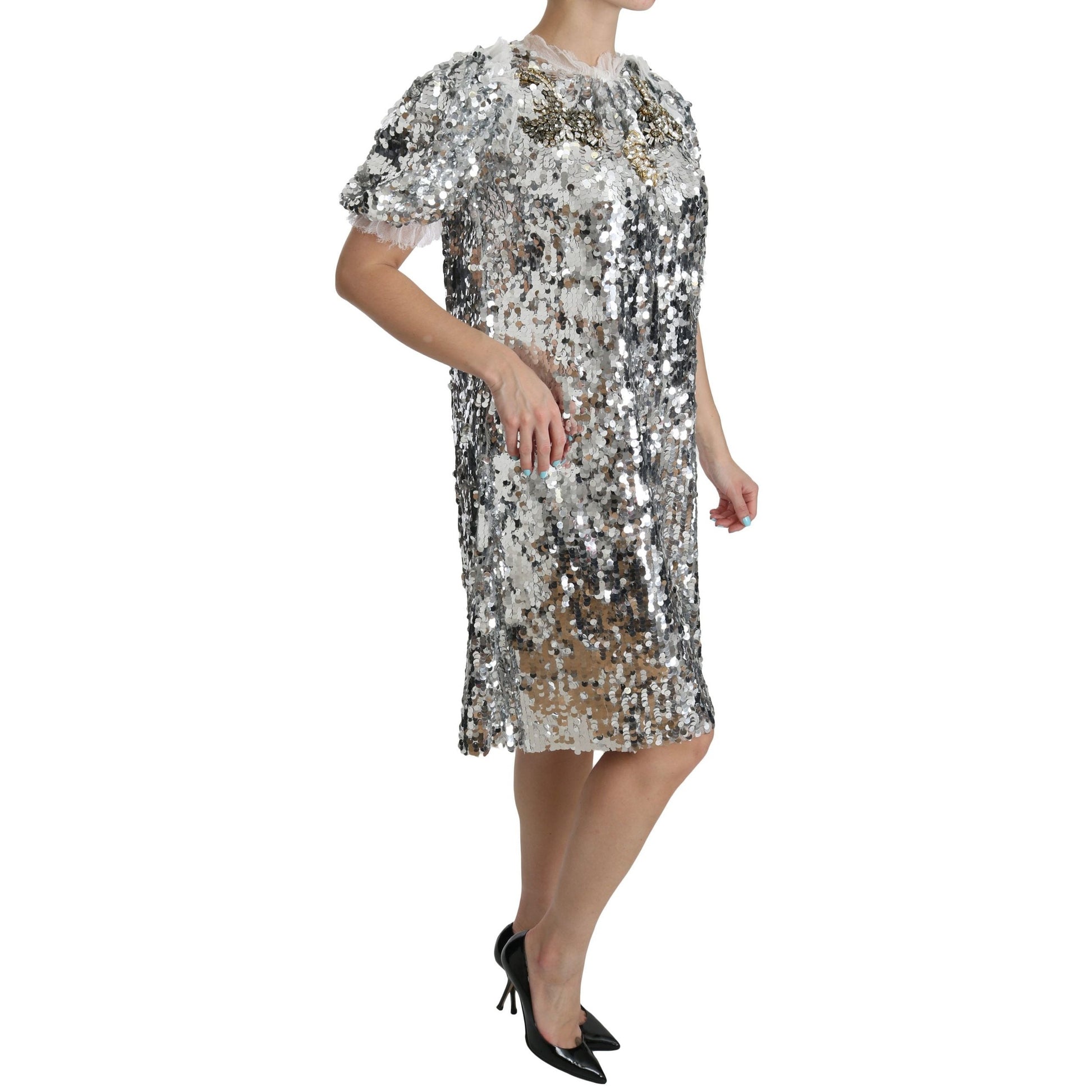 Dolce & Gabbana Silver Sequined Crystal Shift Gown Dress Dolce & Gabbana