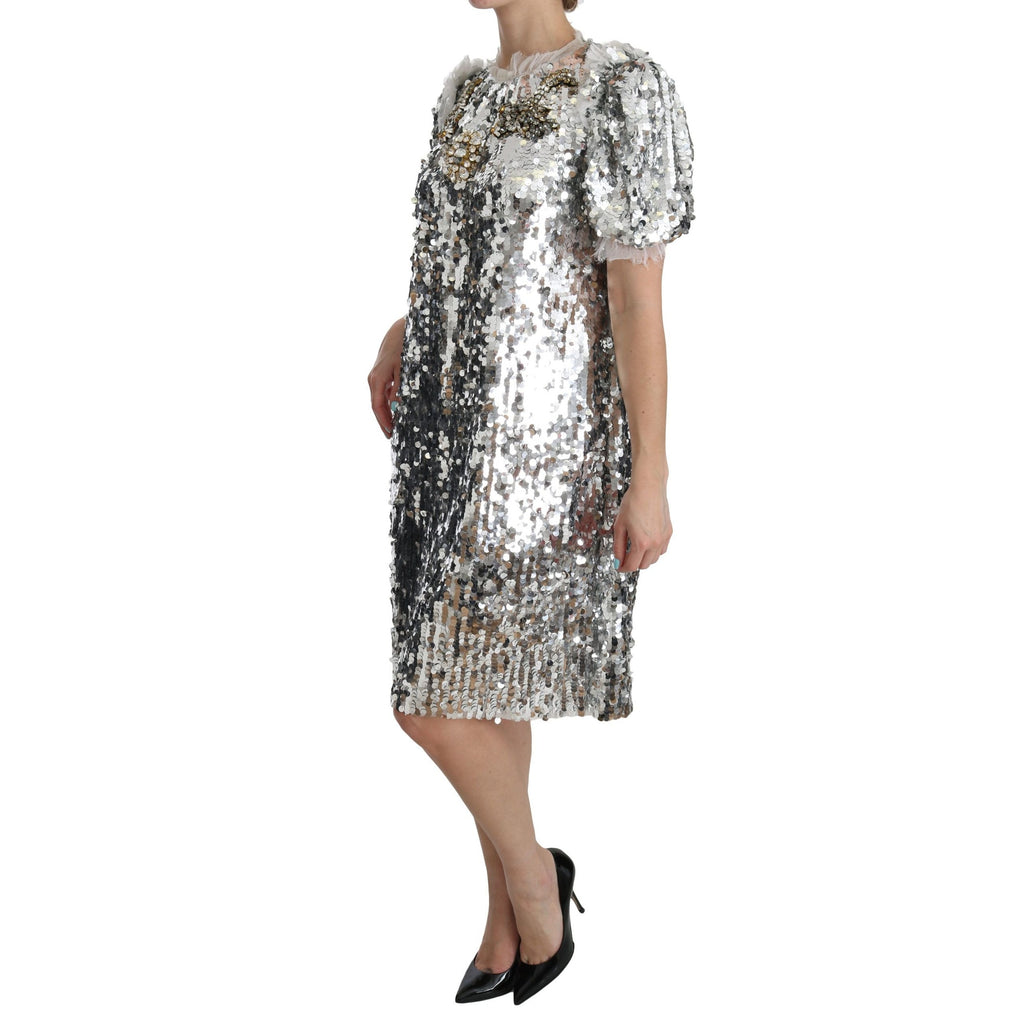 Dolce & Gabbana Silver Sequined Crystal Shift Gown Dress