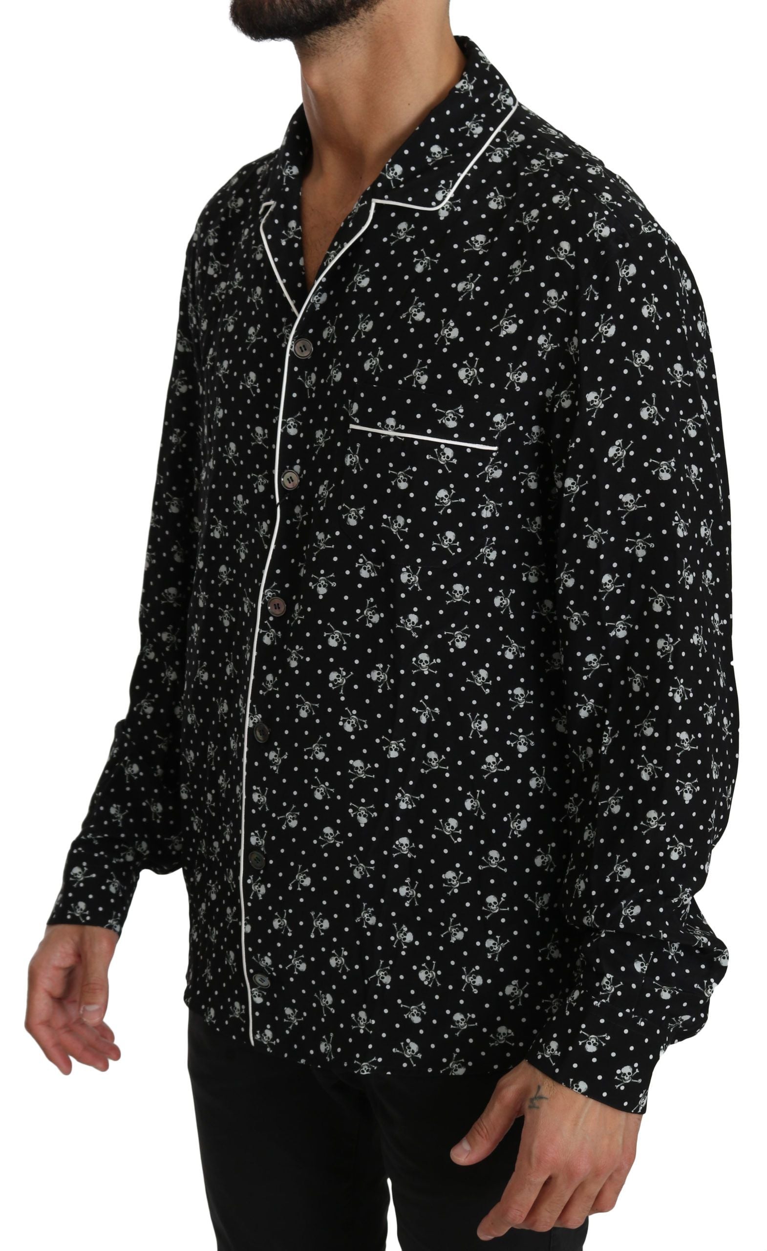 Dolce & Gabbana Black Skull Print Silk Sleepwear Shirt Dolce & Gabbana