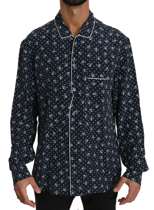 Dolce & Gabbana Blue Skull Print Silk Top Sleepwear Shirt Dolce & Gabbana