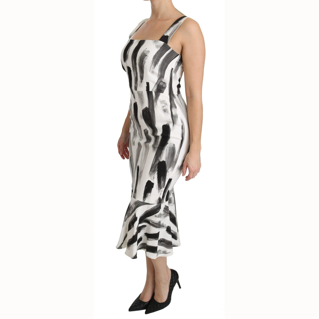 Dolce & Gabbana White Black Printed Sheath Midi Viscose Dress