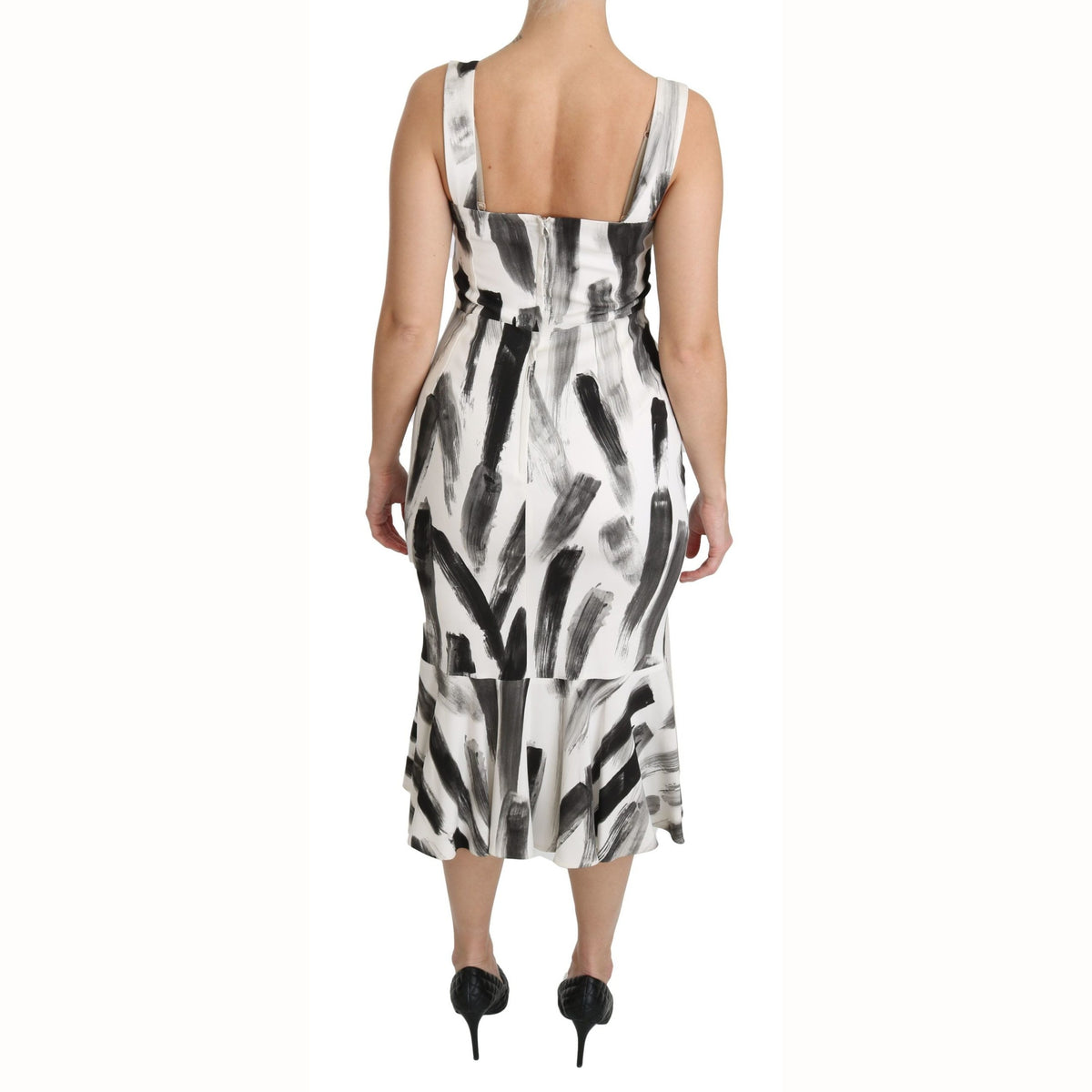 Dolce & Gabbana White Black Printed Sheath Midi Viscose Dress