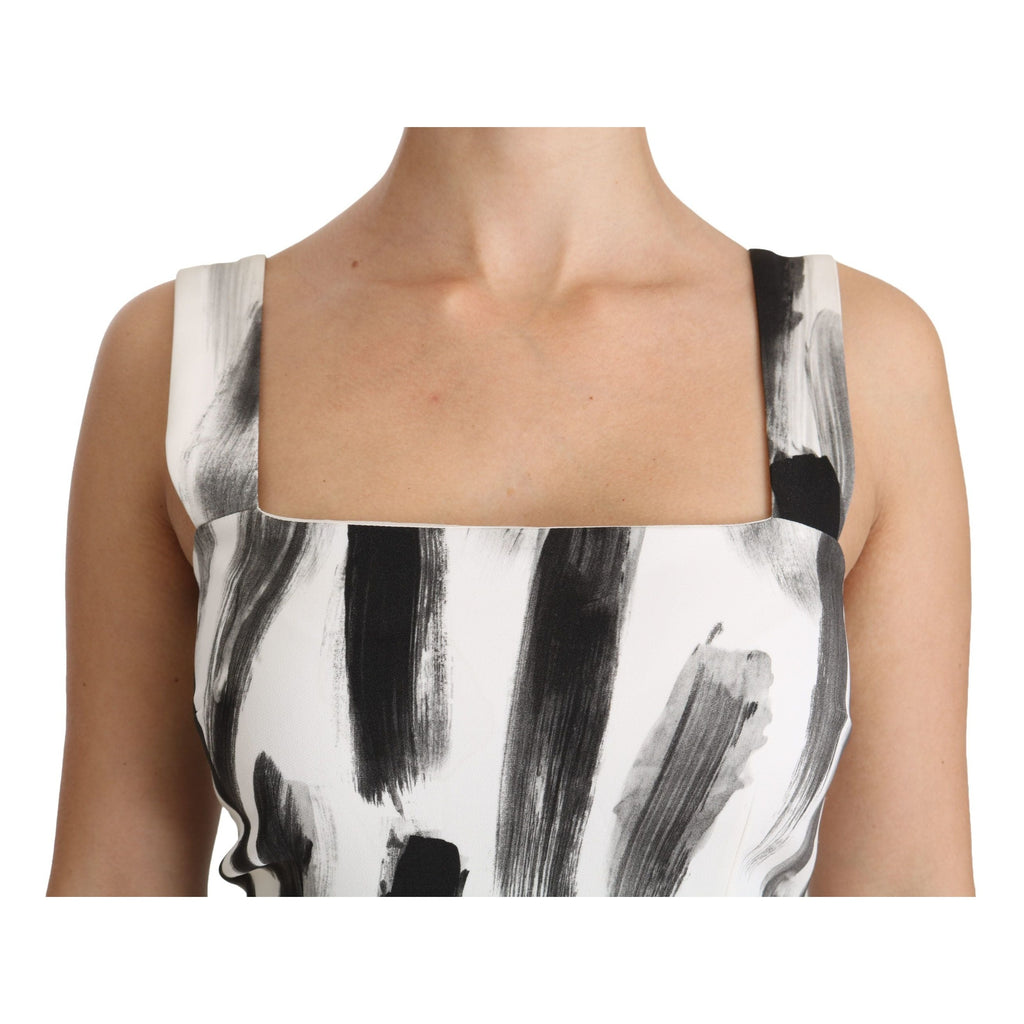 Dolce & Gabbana White Black Printed Sheath Midi Viscose Dress