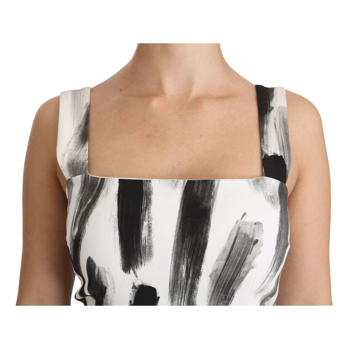 Dolce & Gabbana White Black Printed Sheath Midi Viscose Dress