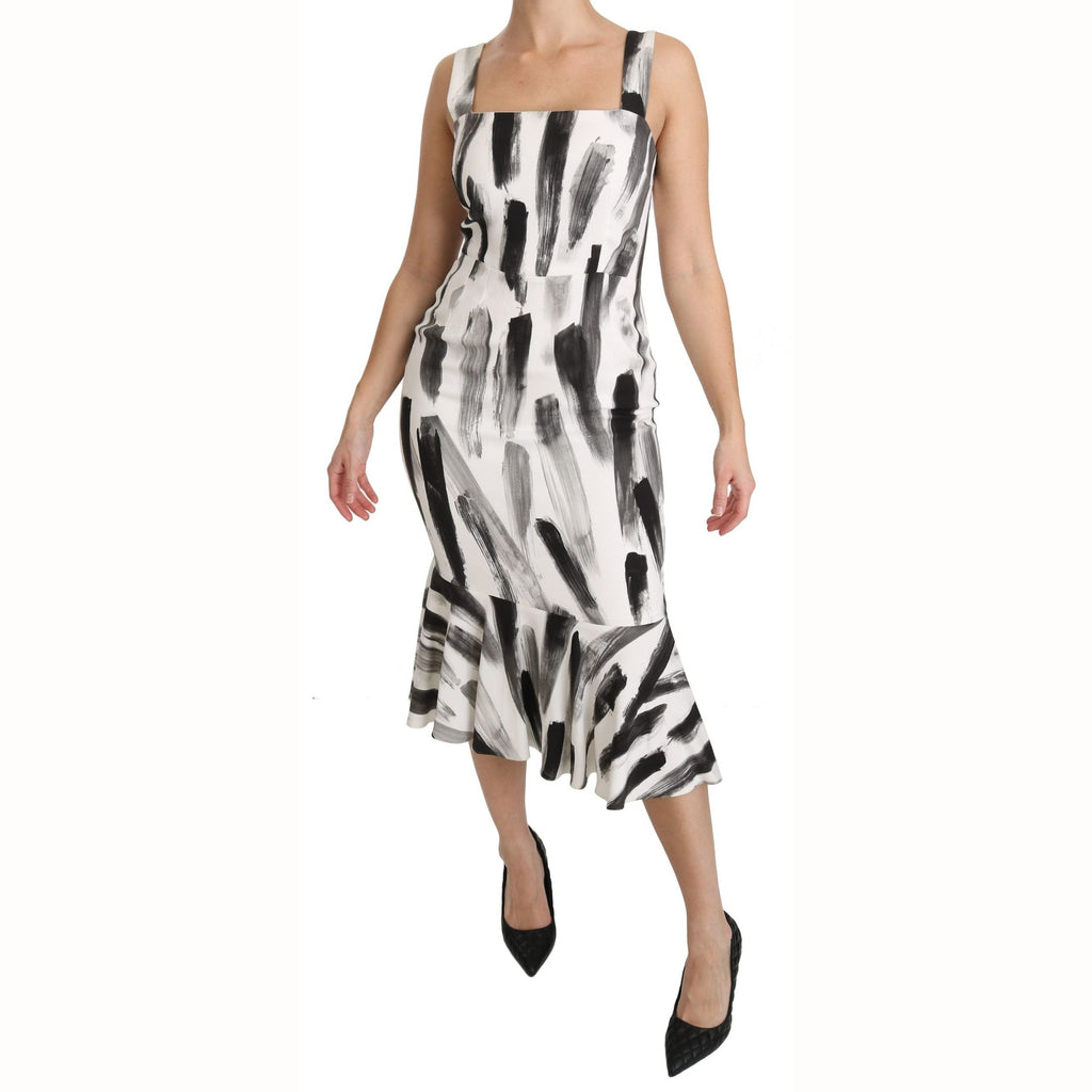 Dolce & Gabbana White Black Printed Sheath Midi Viscose Dress