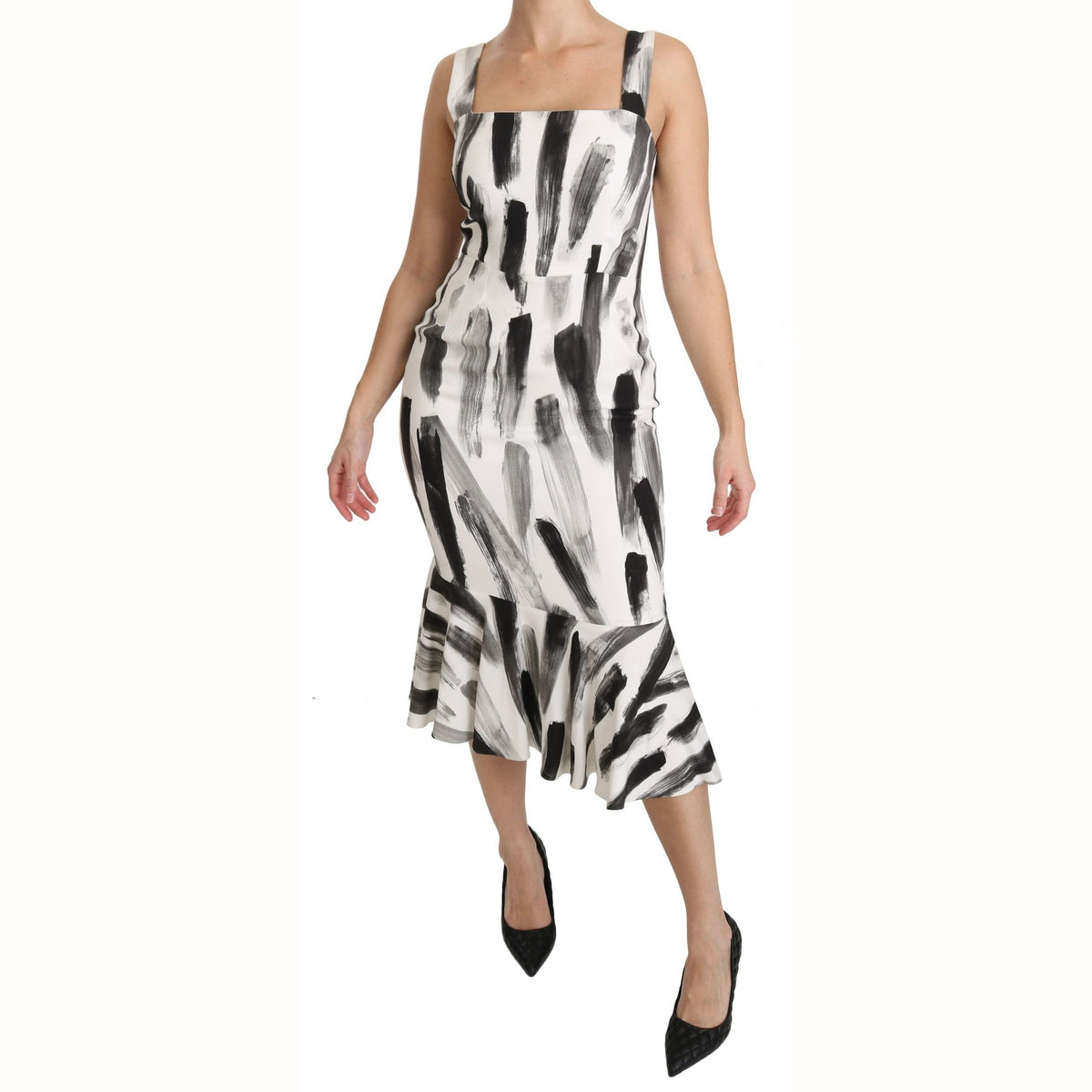 Dolce & Gabbana White Black Printed Sheath Midi Viscose Dress