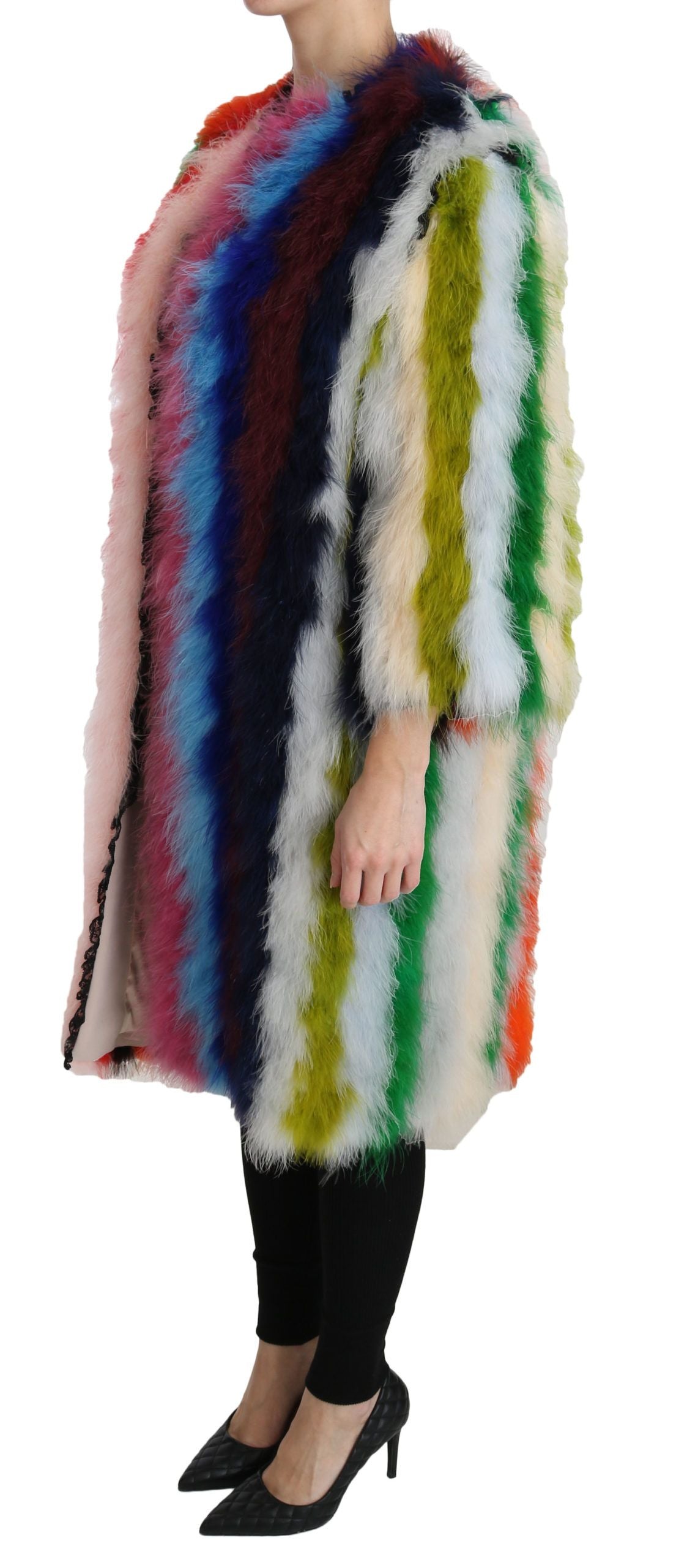 Dolce & Gabbana Multicolor Turkey Feather Cape Fur Coat Dolce & Gabbana