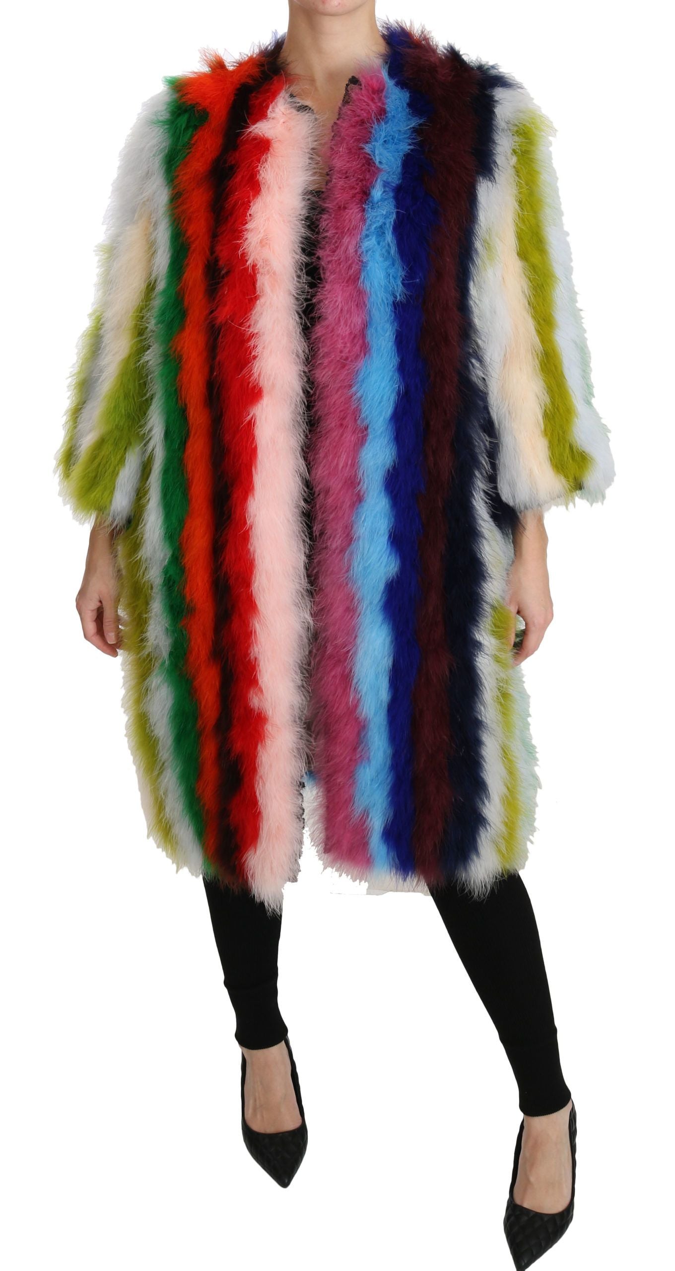 Dolce & Gabbana Multicolor Turkey Feather Cape Fur Coat Dolce & Gabbana