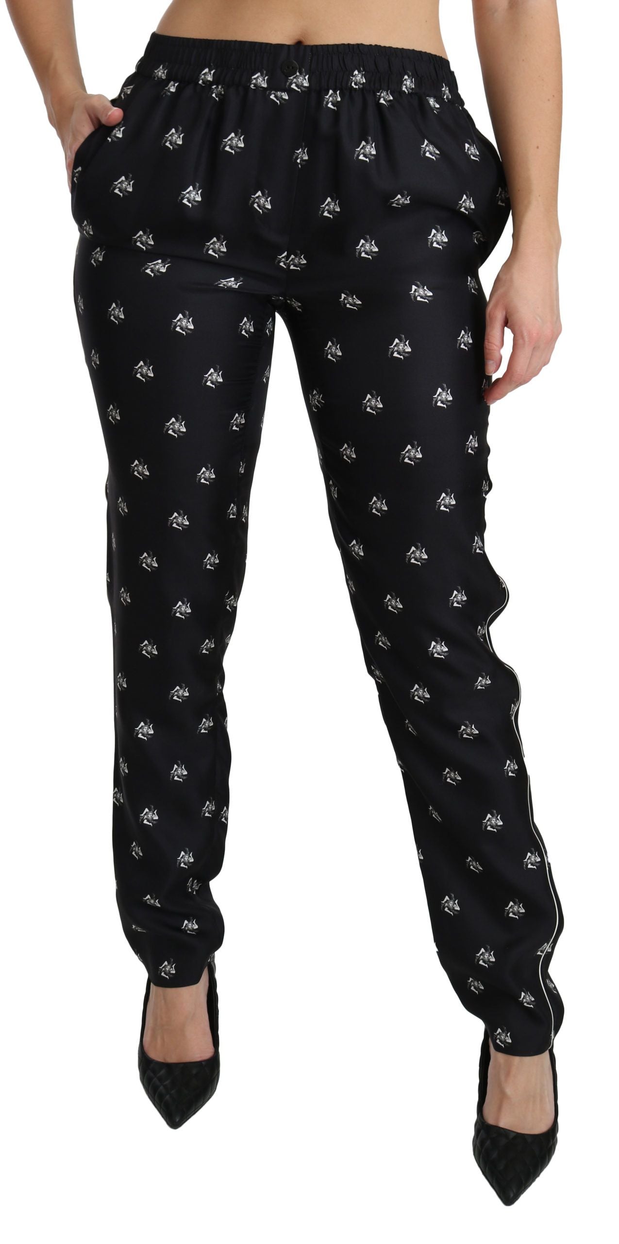 Dolce & Gabbana Black Printed Mid Waist Skinny Silk Pants Dolce & Gabbana