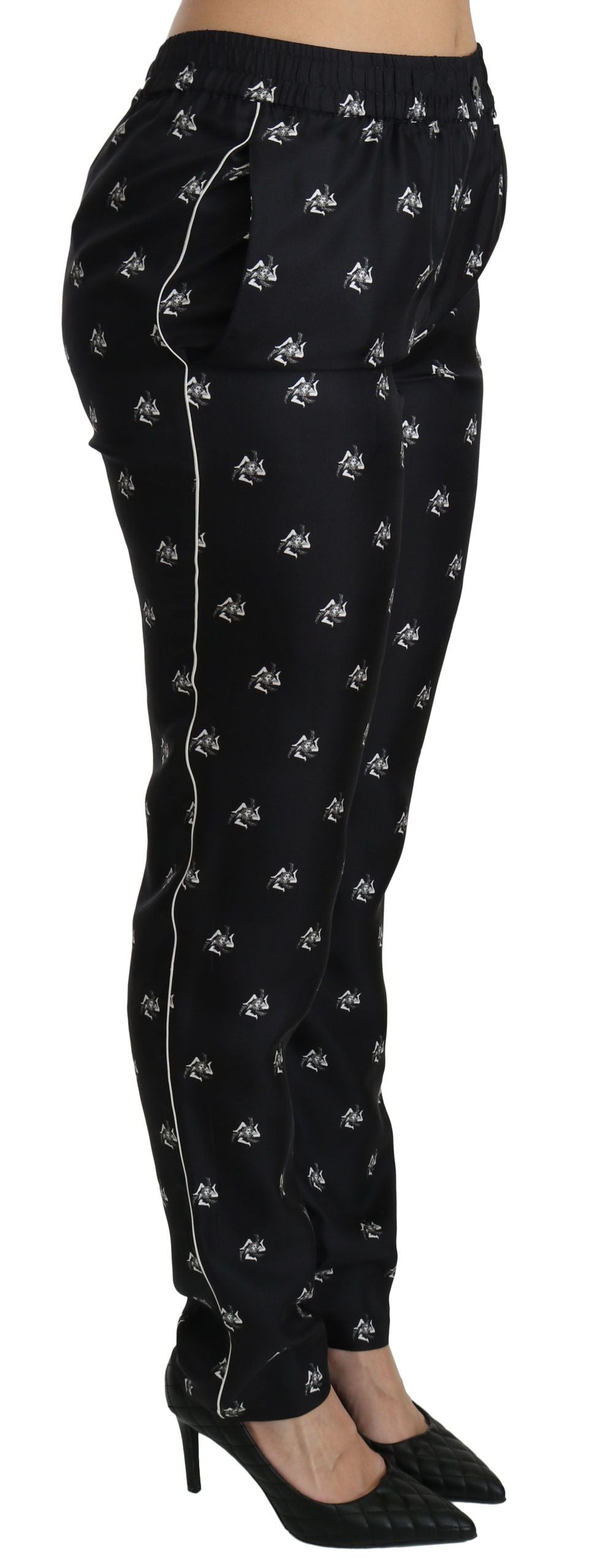 Dolce & Gabbana Black Printed Mid Waist Skinny Silk Pants Dolce & Gabbana
