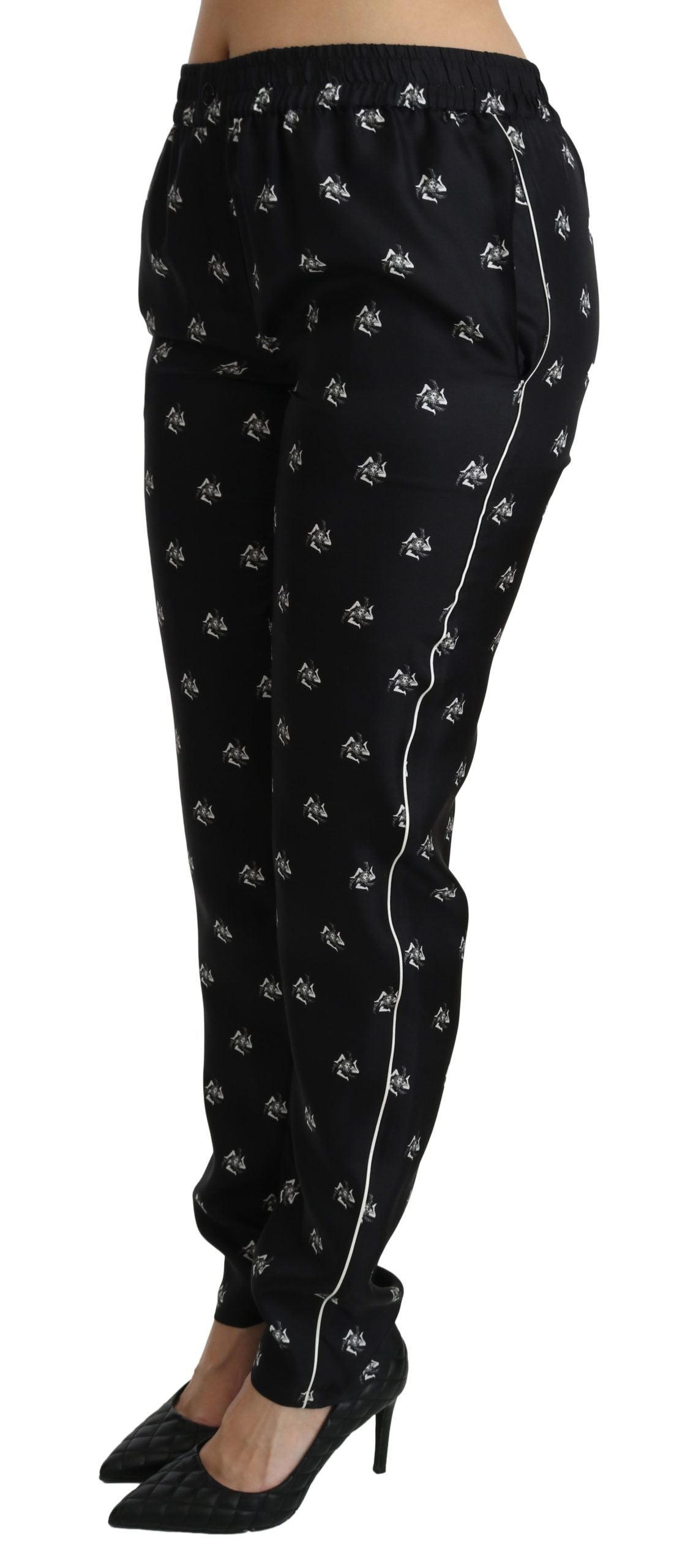 Dolce & Gabbana Black Printed Mid Waist Skinny Silk Pants Dolce & Gabbana