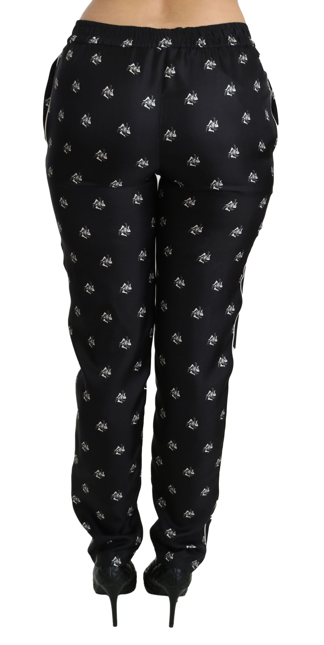 Dolce & Gabbana Black Printed Mid Waist Skinny Silk Pants Dolce & Gabbana