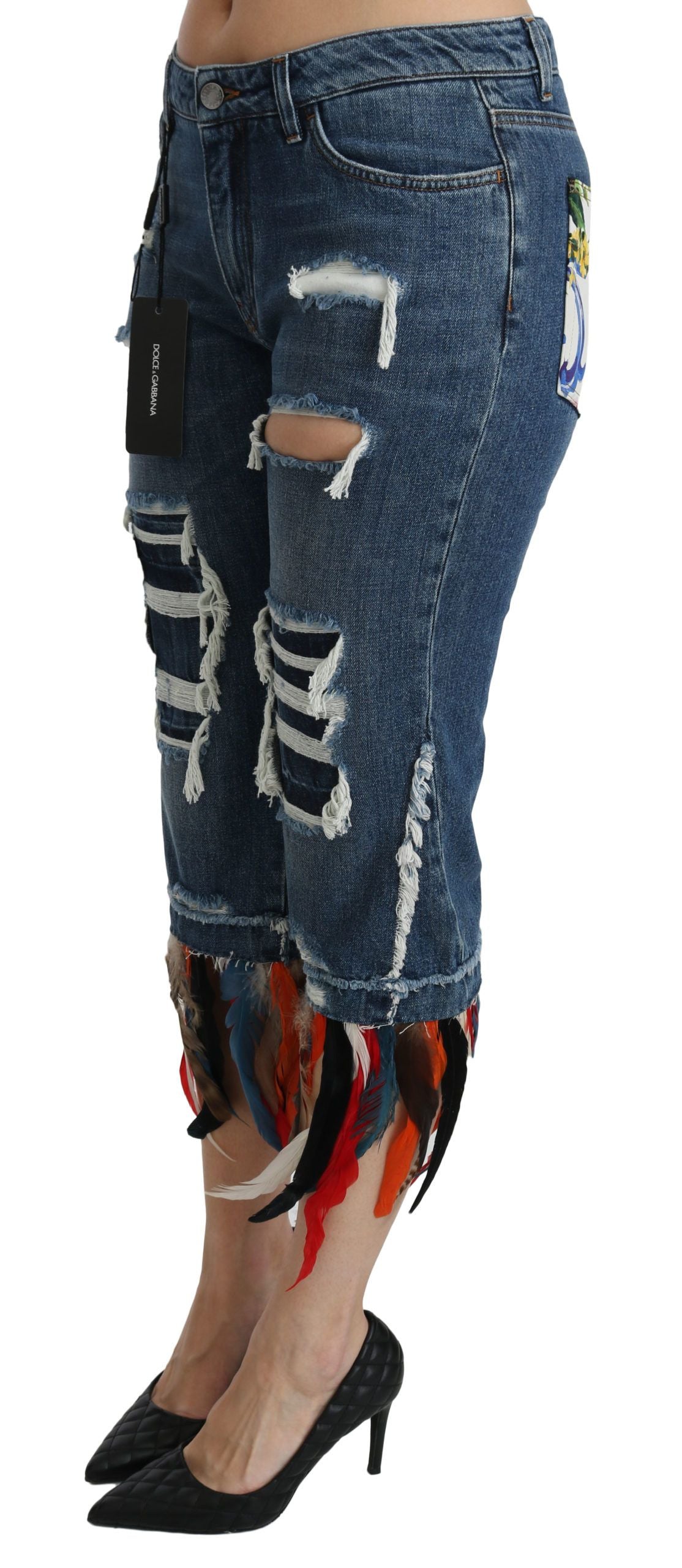 Dolce & Gabbana Blue Feathers Low Waist Cropped Cotton Jeans Dolce & Gabbana