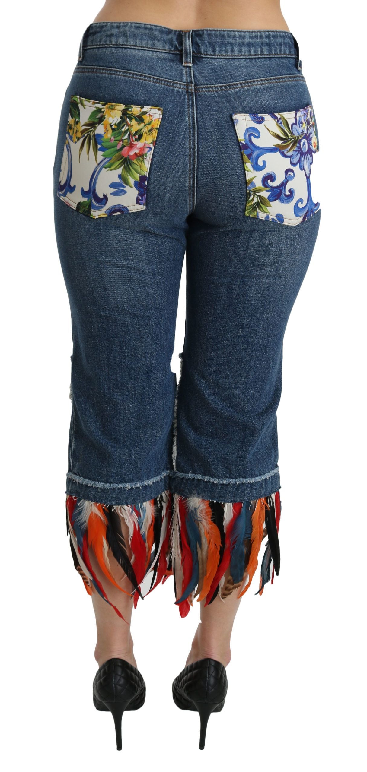Dolce & Gabbana Blue Feathers Low Waist Cropped Cotton Jeans Dolce & Gabbana
