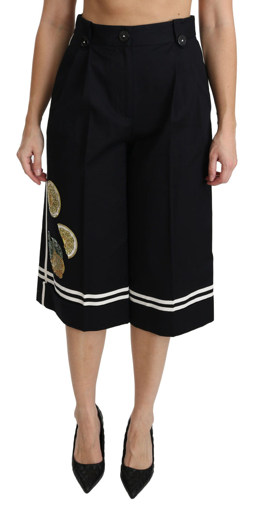 Dolce & Gabbana Black Lemon Embellished Palazzo Cropped Pants Dolce & Gabbana