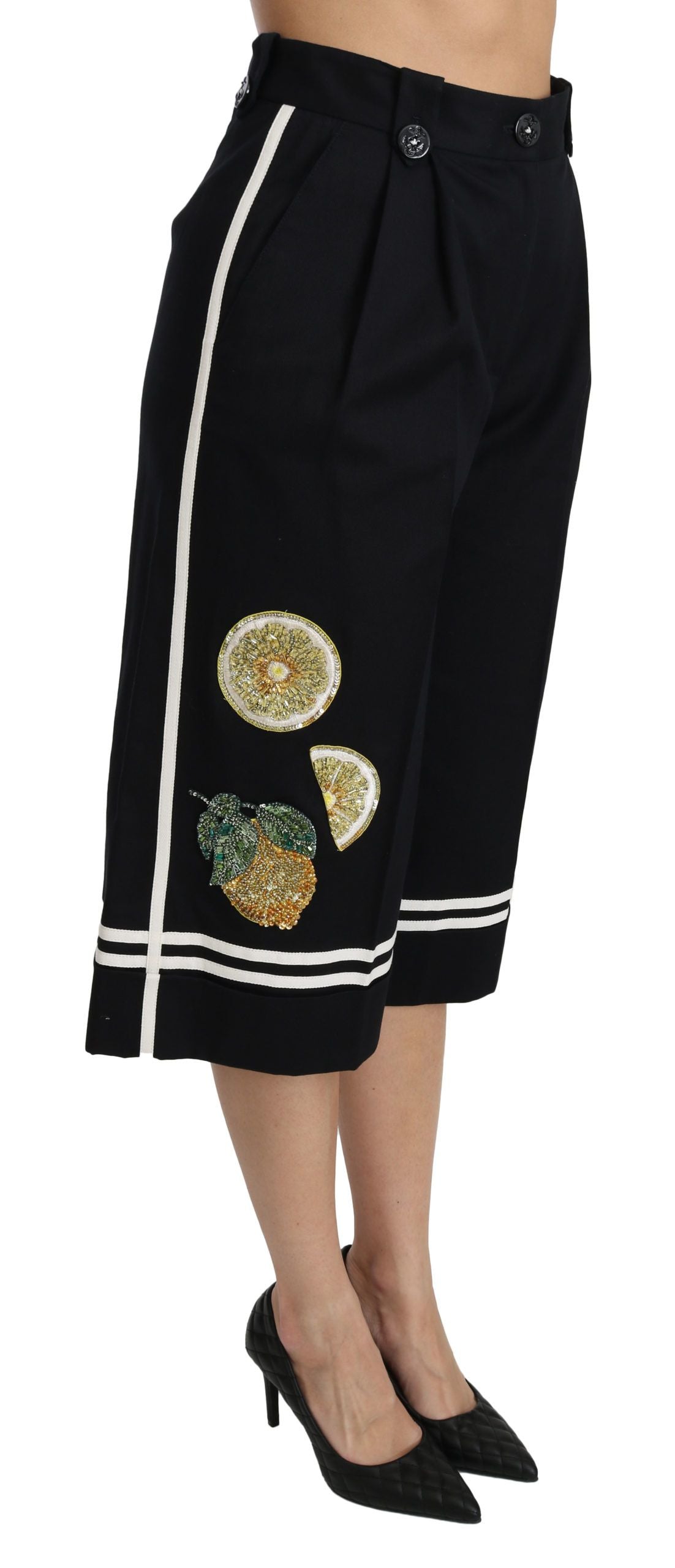 Dolce & Gabbana Black Lemon Embellished Palazzo Cropped Pants Dolce & Gabbana