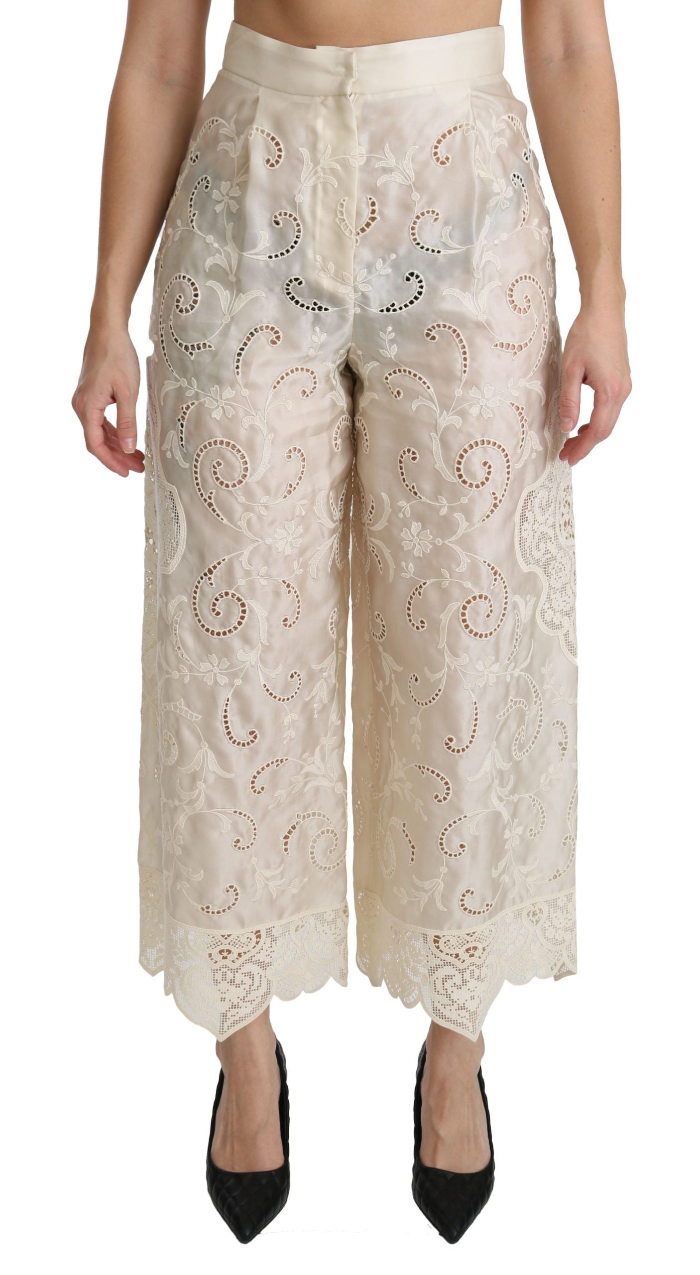 Dolce & Gabbana Cream Lace High Waist Palazzo Cropped Pants Dolce & Gabbana