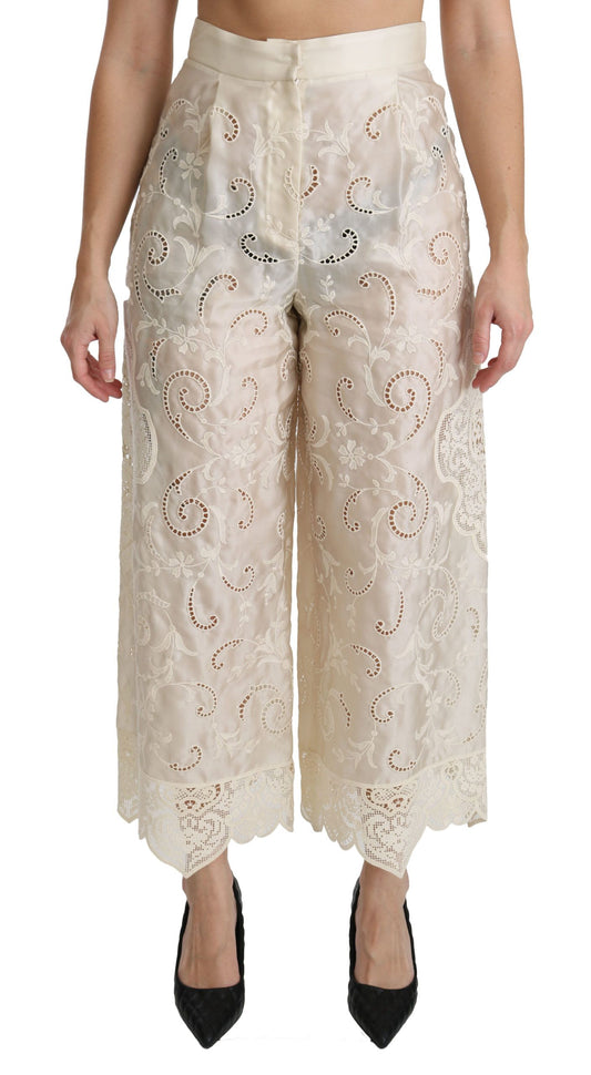 Dolce & Gabbana Cream Lace High Waist Palazzo Cropped Pants Dolce & Gabbana