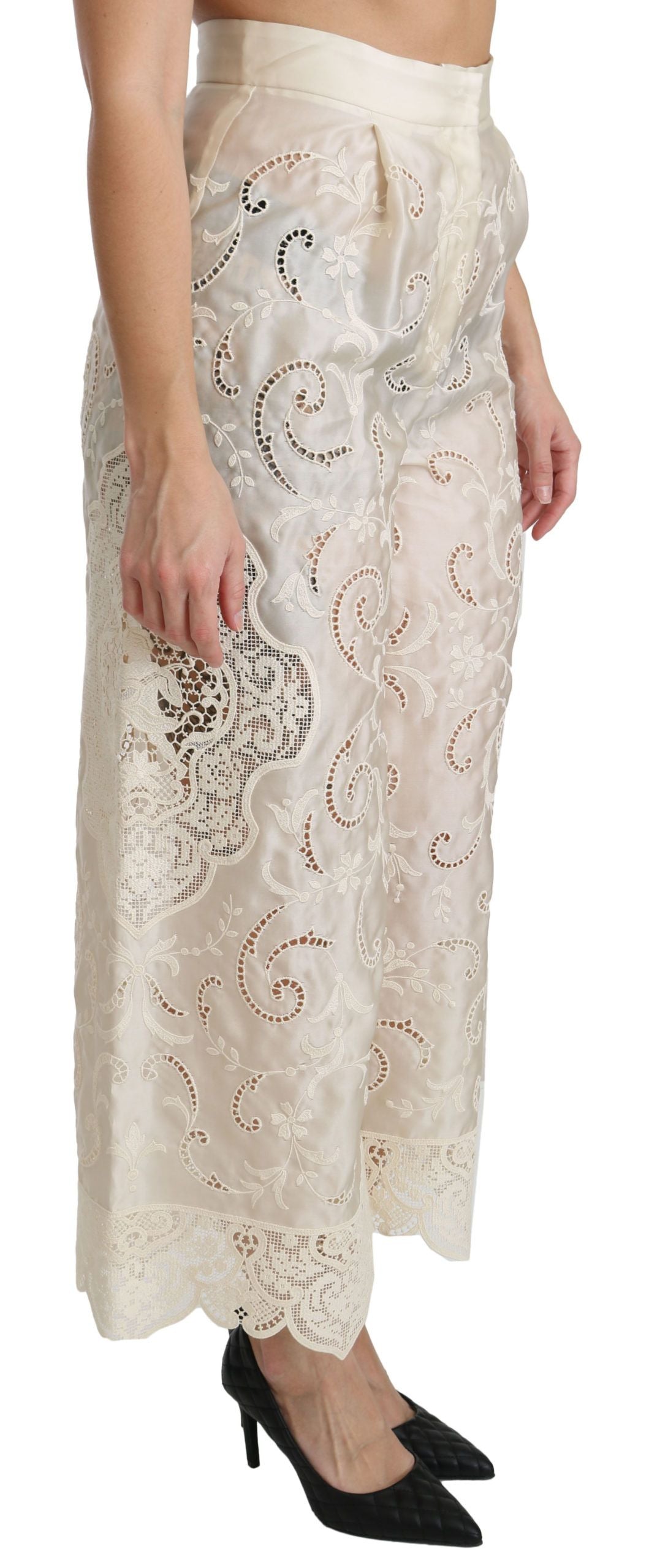 Dolce & Gabbana Cream Lace High Waist Palazzo Cropped Pants Dolce & Gabbana