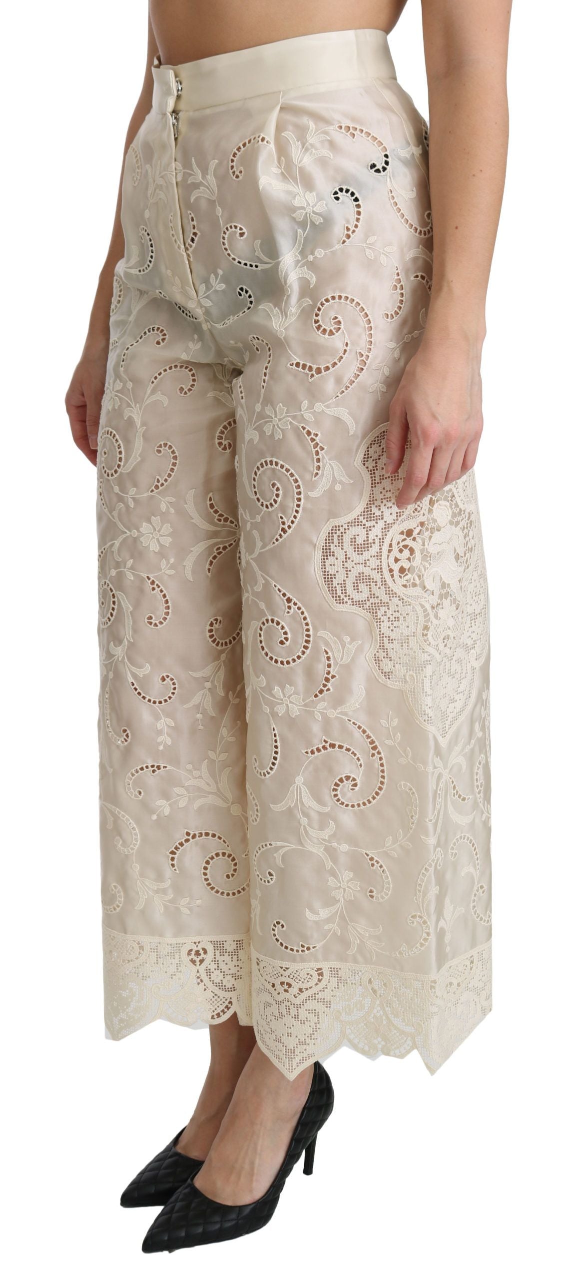 Dolce & Gabbana Cream Lace High Waist Palazzo Cropped Pants Dolce & Gabbana