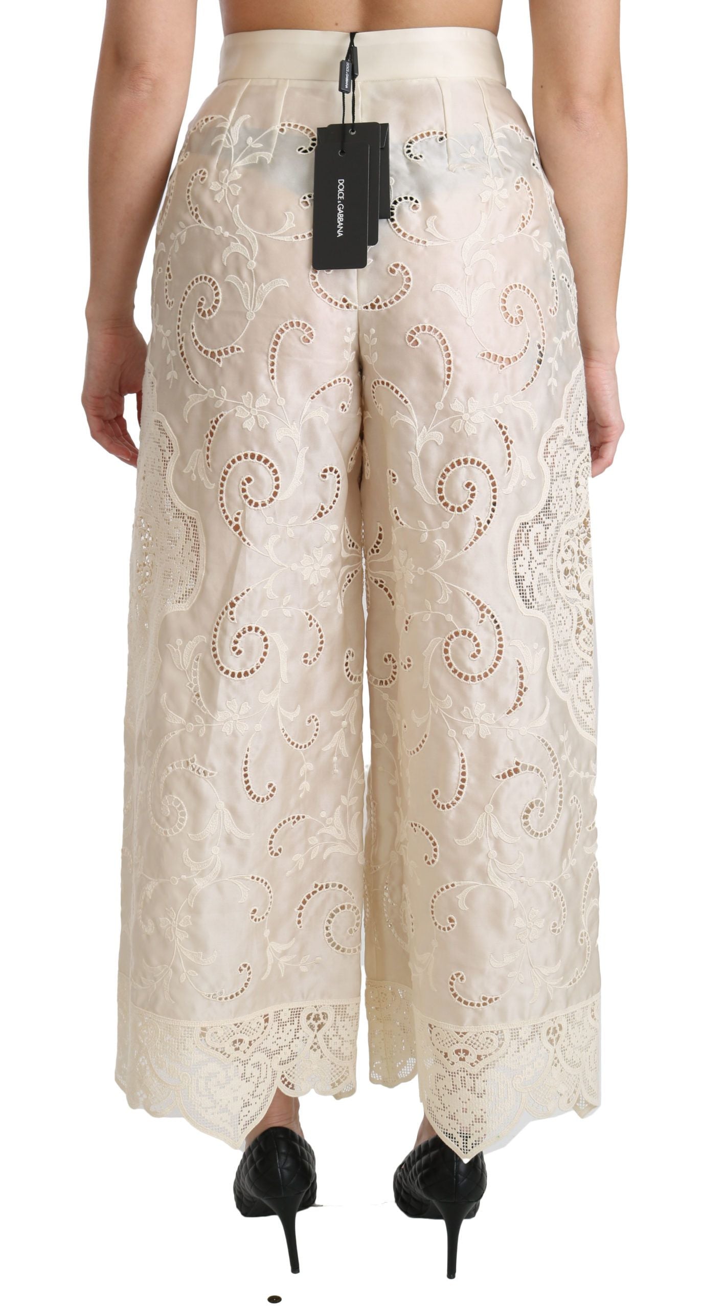 Dolce & Gabbana Cream Lace High Waist Palazzo Cropped Pants Dolce & Gabbana