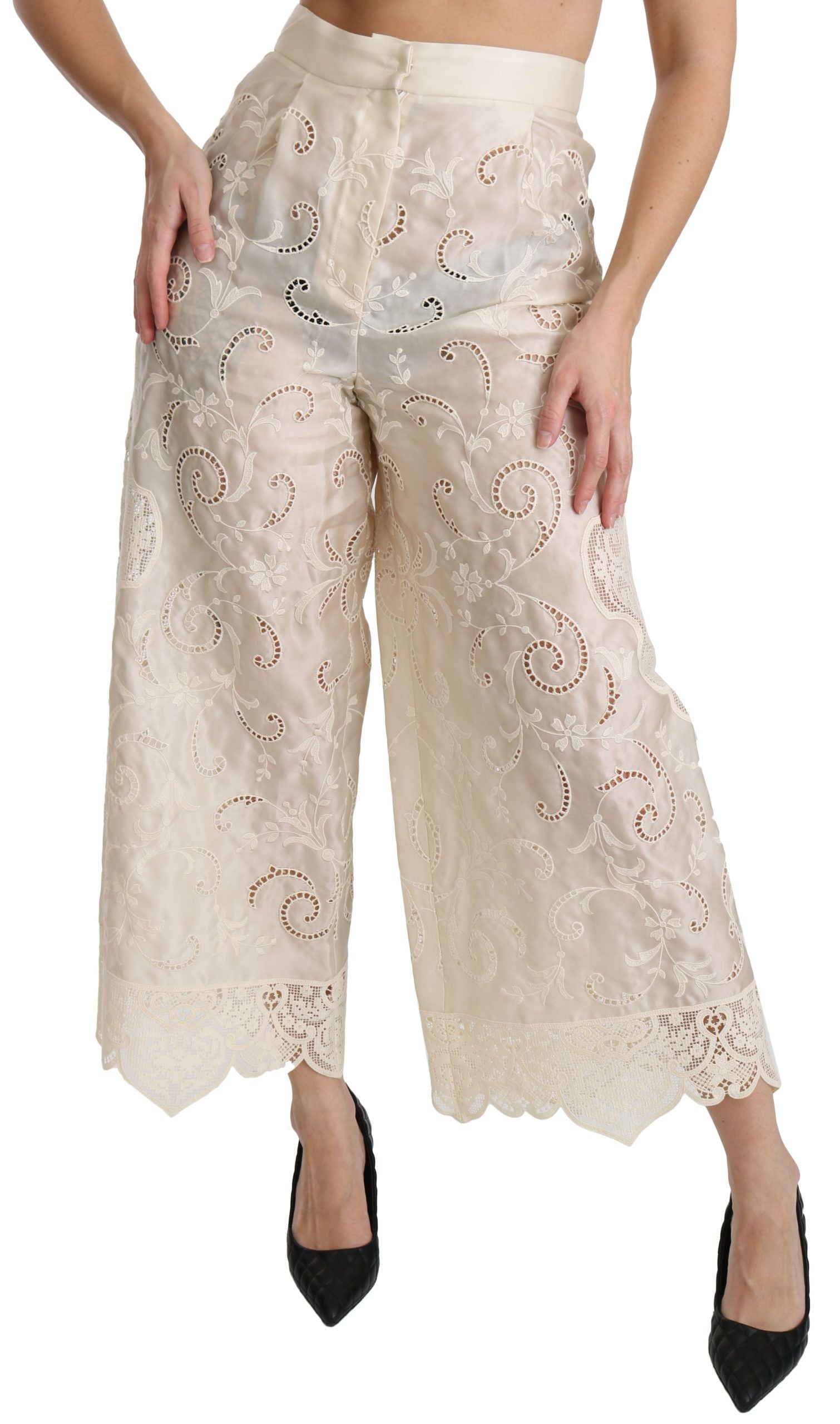 Dolce & Gabbana Cream Lace High Waist Palazzo Cropped Pants Dolce & Gabbana