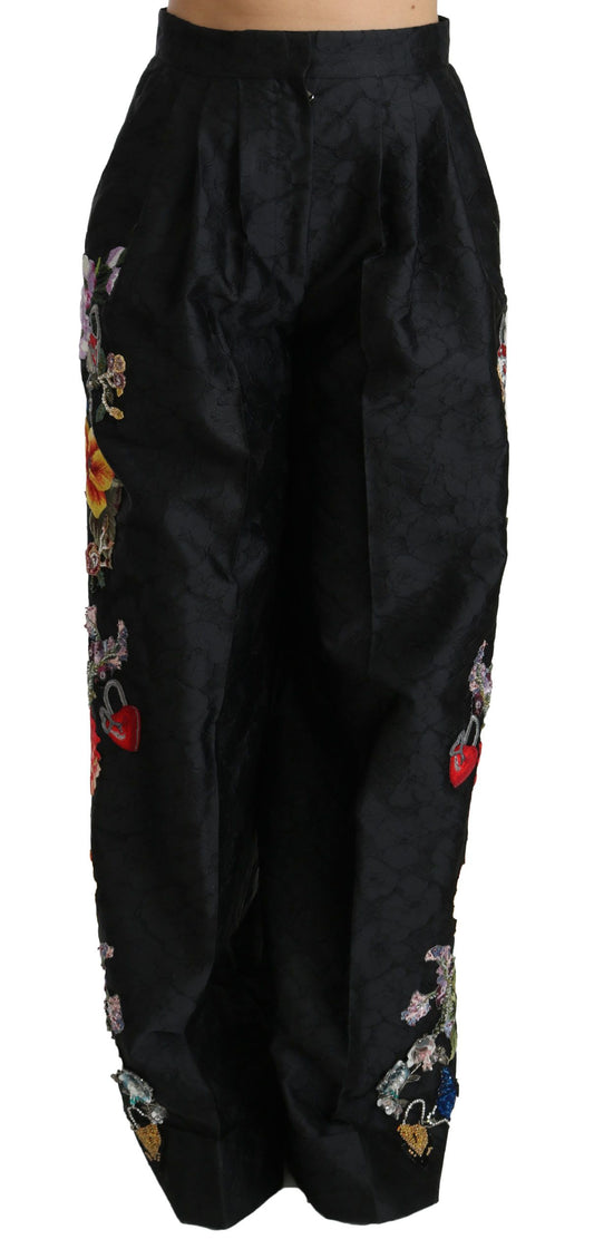 Dolce & Gabbana Black Brocade Floral Sequined Beaded Pants Dolce & Gabbana