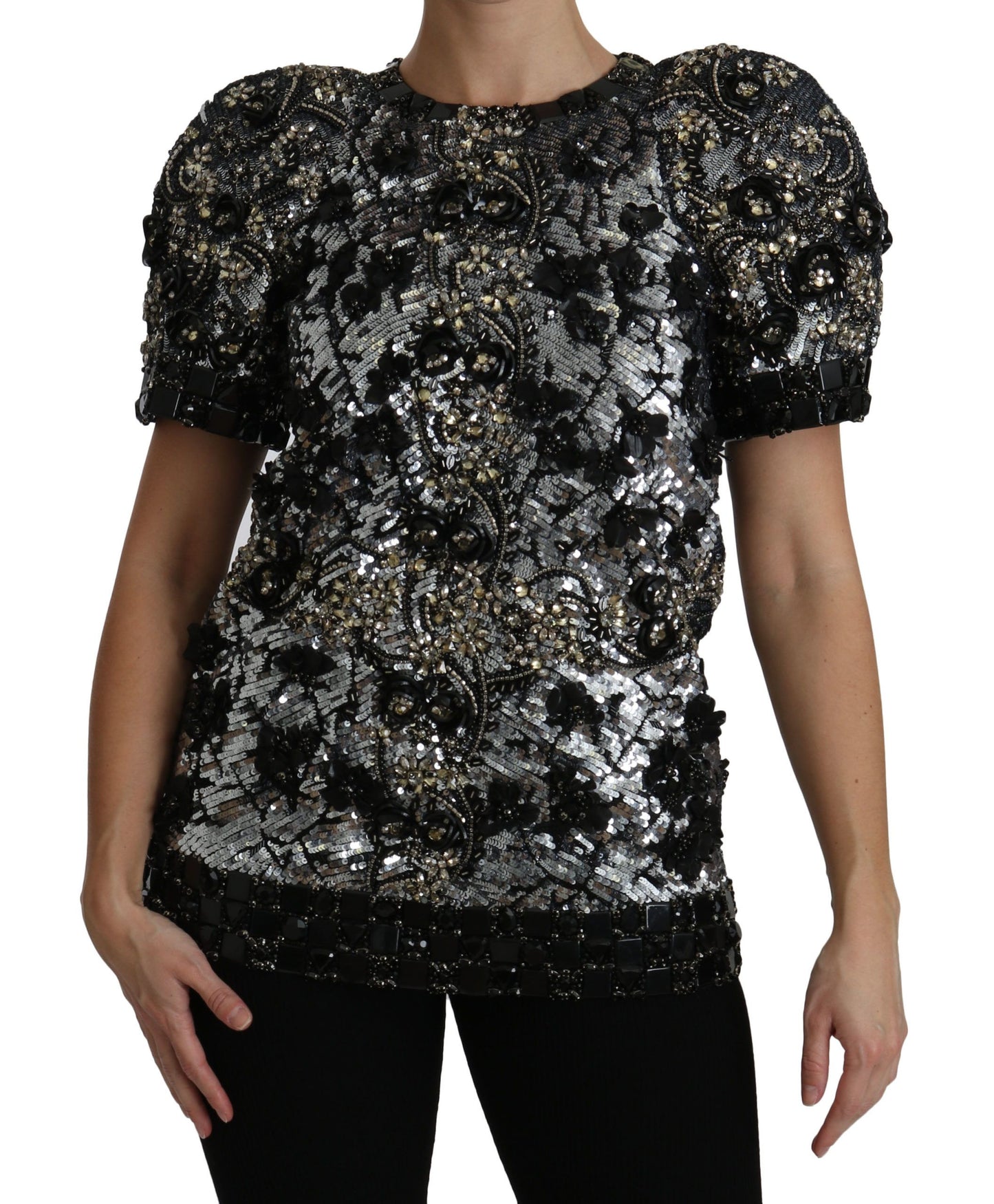 Dolce & Gabbana Black Sequined Crystal Embellished Top Blouse Dolce & Gabbana