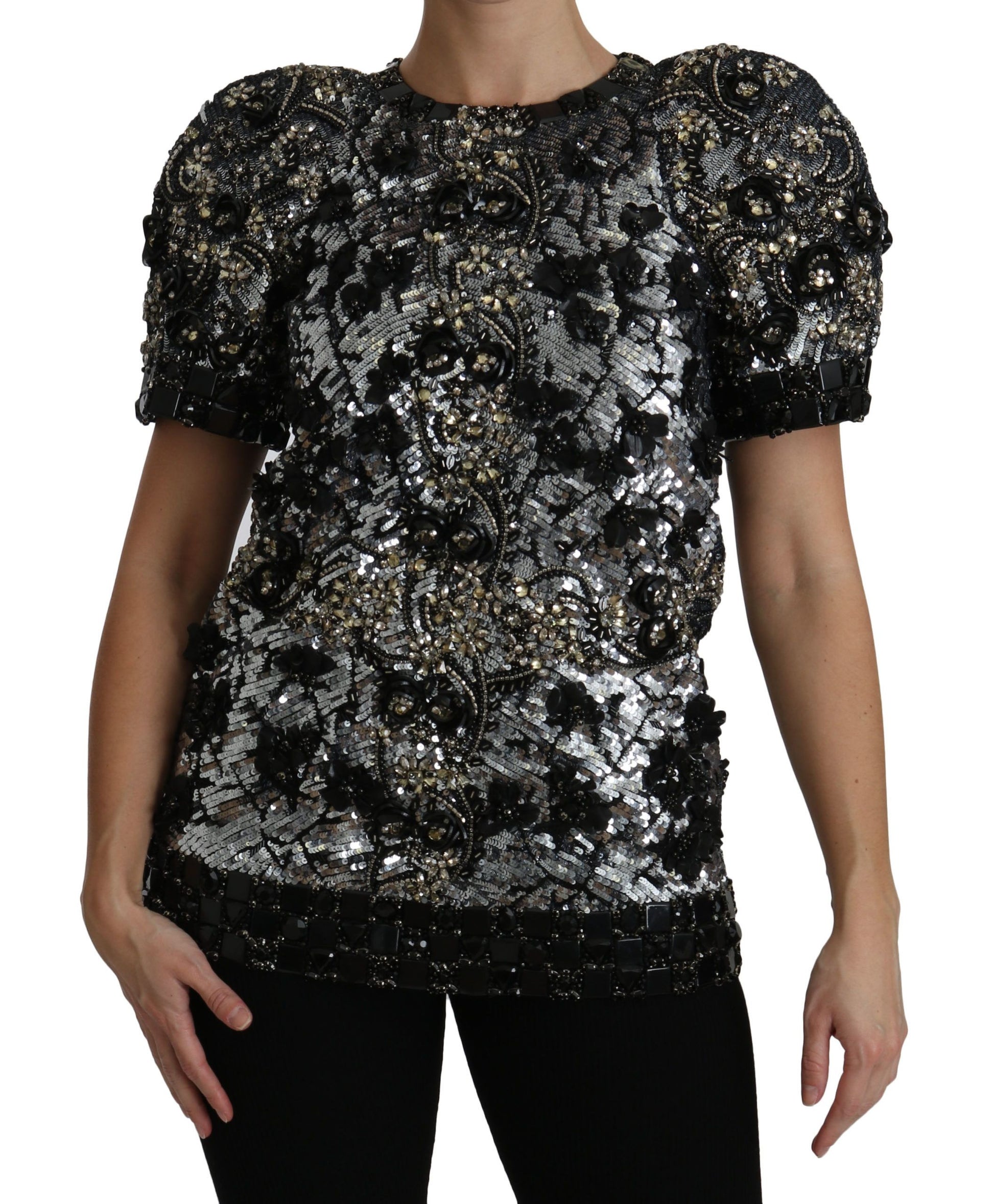 Dolce & Gabbana Black Sequined Crystal Embellished Top Blouse Dolce & Gabbana