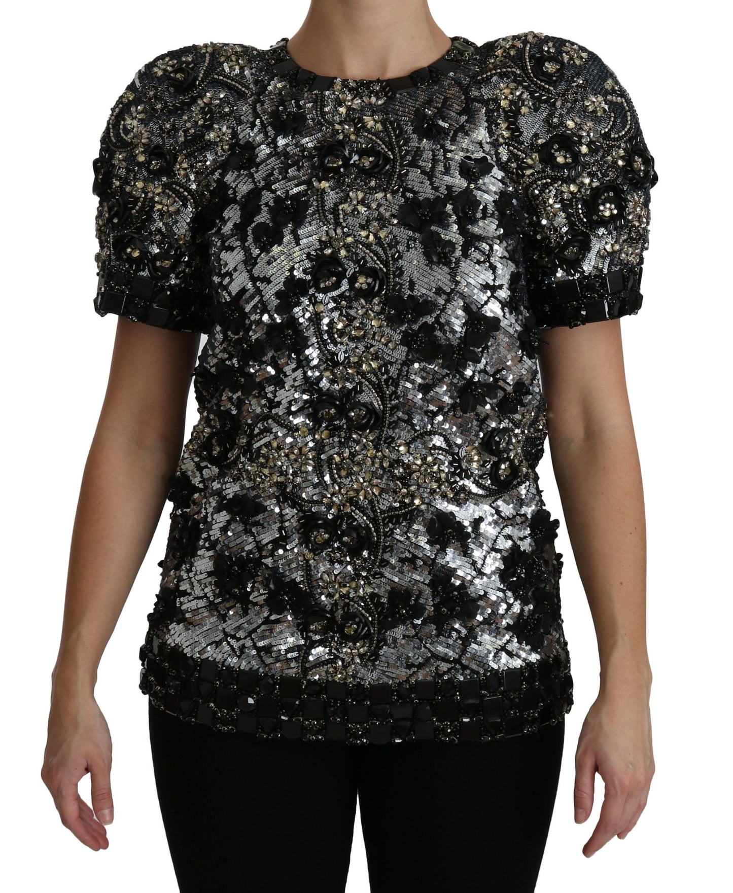 Dolce & Gabbana Black Sequined Crystal Embellished Top Blouse Dolce & Gabbana